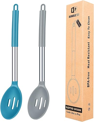 Paquete de 2 cucharas grandes de silicona ranuradas para cocina con cucharón antiadherente de alta resistencia al calor, sin BPA, para escurrir y