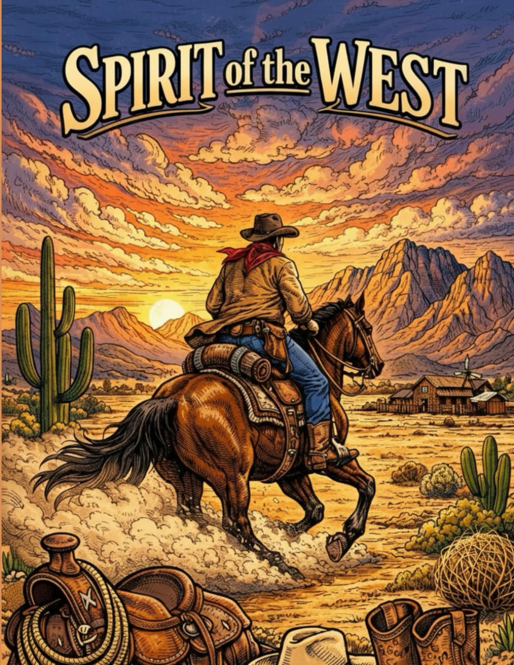 Spirit of the West: Relaxing Adult Coloring Book of Cowboys, Horses & Western Landscapes for Stress Relief, Mindfulness, and Creativity