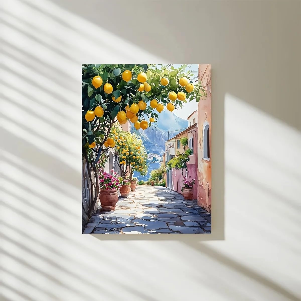 Lienzos impresos para pared con pintura de acuarela costera con limonero y paisaje urbano costero (70x100 cm/marco interno)