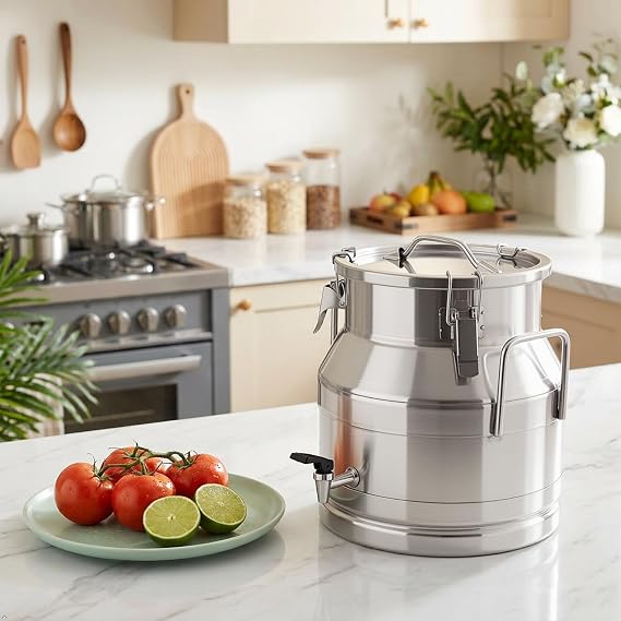 5 Gallon Milk Can with Spout, Stainless Steel 20L Milk Container Bucket with Locking Sealed Lid, Airtight Food Storage Container for Home, Farm, Commercial Kitchen (5 Gallon/ 20L)
