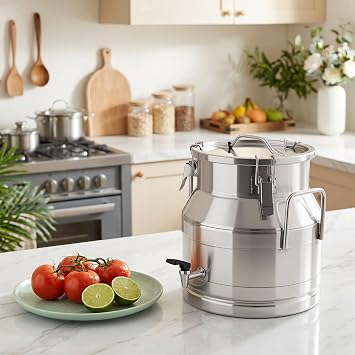 5 Gallon Milk Can with Spout, Stainless Steel 20L Milk Container Bucket with Locking Sealed Lid, Airtight Food Storage Container for Home, Farm, Commercial Kitchen (5 Gallon/ 20L)