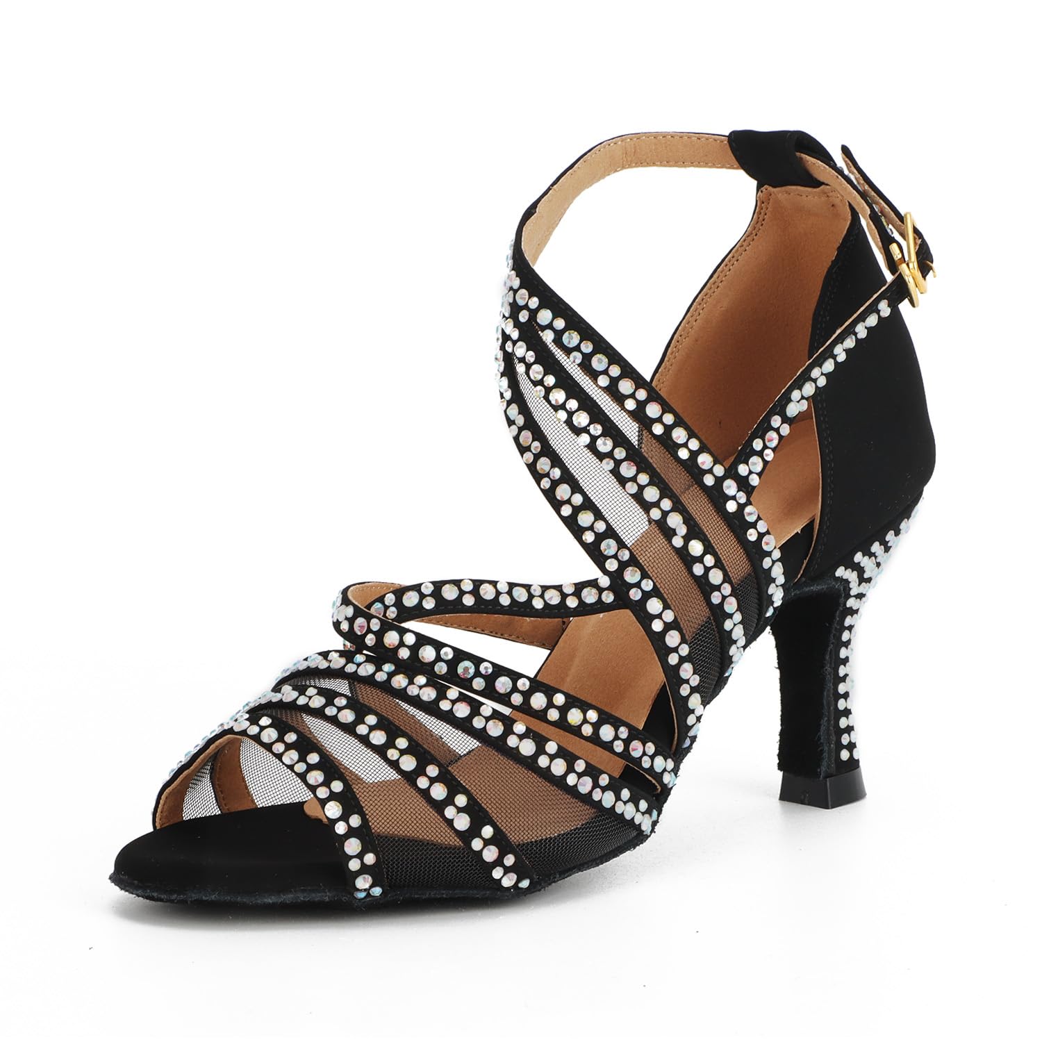 Zapatos de Baile Latino para Mujer Tacones de Baile de Salón con Purpurina para Salsa Sandalias de Samba con Diamantes de Imitación para Fiesta de Boda Tacón de 7.5cm
