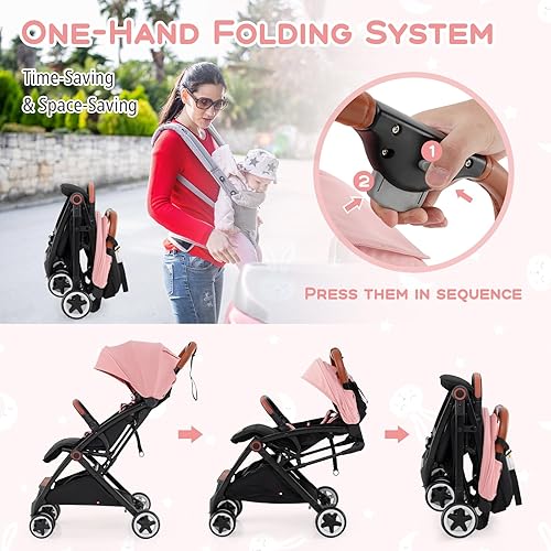 Miniatura 4 de HONEY JOY Cochecito de viaje, cochecito paraguas ligero de plegado rápido con una sola mano para avión, muñequera y red, reclinable multiposición,