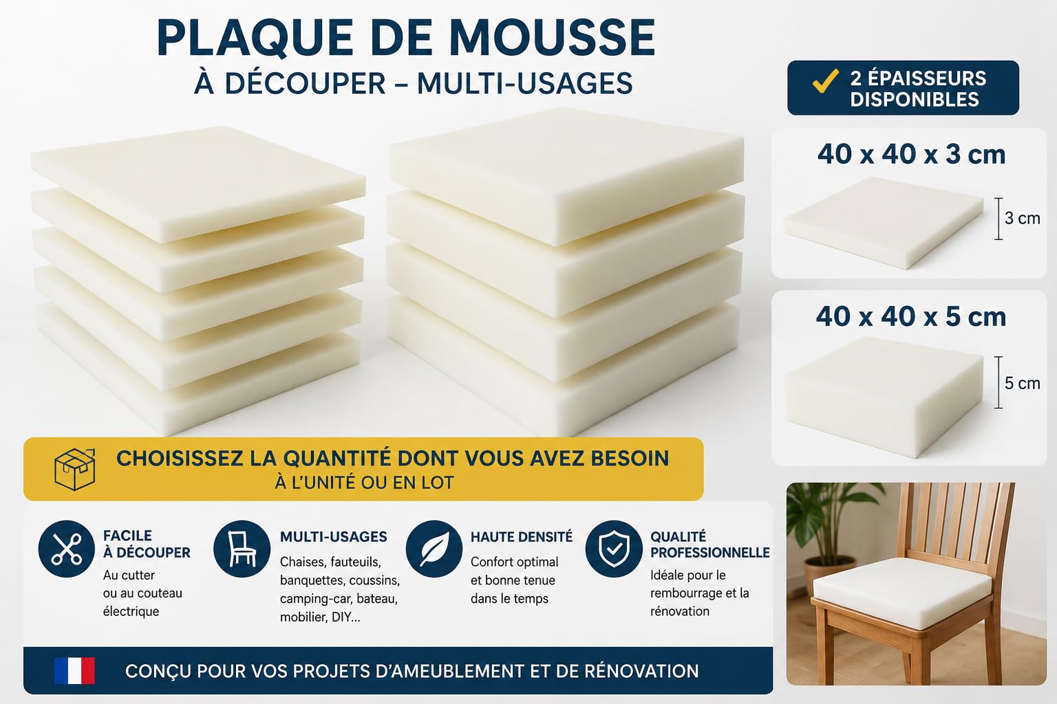 10 Plaques mousse polyuréthane 40X40 X3cm tapissier ameublement galette chaise