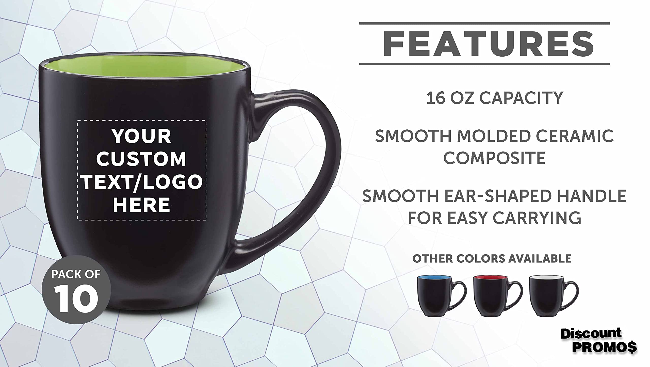 Custom Bistro Coffee Mugs 16 oz. Set of 10, Personalized Bulk Pack - Great for Coffee, Tea, Cocoa, Diner and Everyday Use- Lime Green