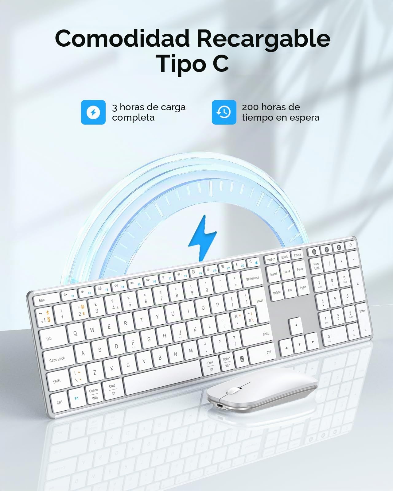 seenda Juego de teclado y mouse Bluetooth recargables Wirelees (USB + Dual BT), ratón y teclado inalámbrico ultra delgado multidispositivo, tableta, diseño QWERTY Reino Unido