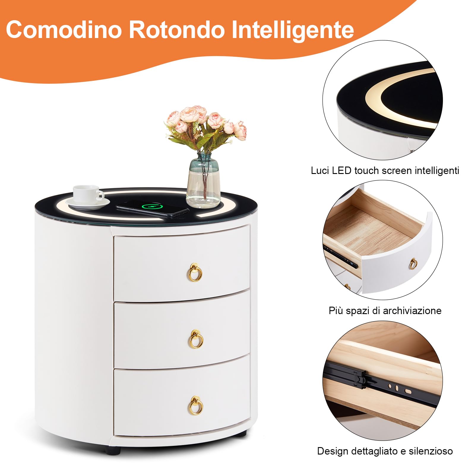 LEMROE Comodino rotondo con luce LED regolabile e stazione di ricarica wireless in vetro, Comodino intelligente con 3 cassetti, Tavolino da camera da letto (1, Bianco)