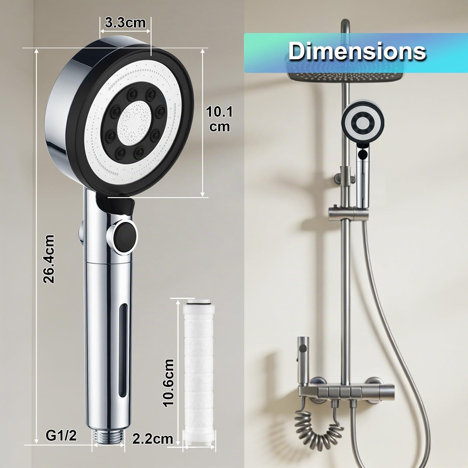 Pommeau Douche avec 4 Pp Filtres - Pommeau De Douche Haute Pression Anti Calcaire, Douchette Douche Salle de Bain avec 5 Modes de PulvéRisation, Chromé (Sans Tuyau ni Support)