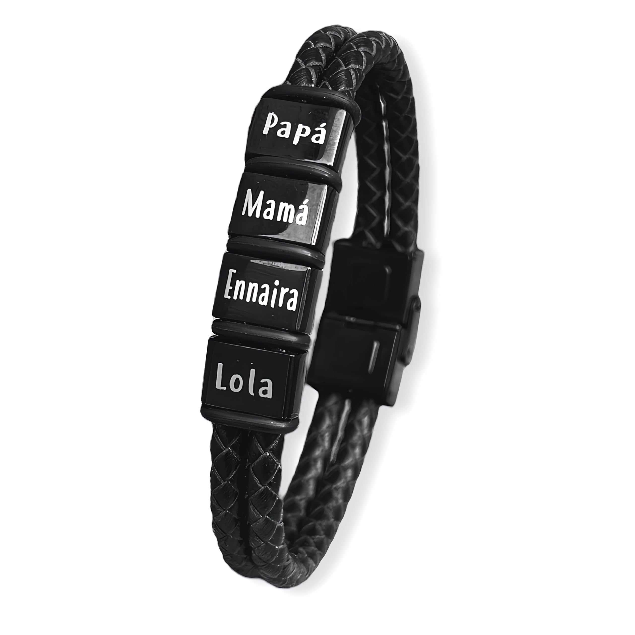 Pulsera personalizada con nombres, totalmente ajustable, fabricada con dos tiras de cuero redondo y acero. MODELO BLACK TITI. Regalos día del padre, regalos San Valentín.