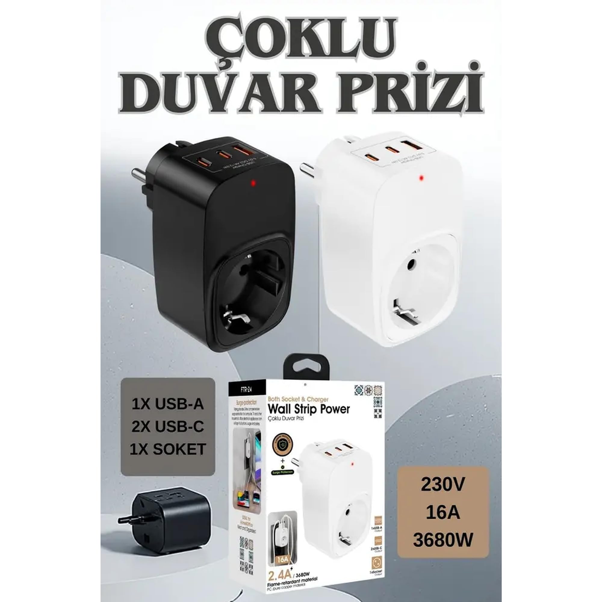 Akım Korumalı Priz, Tekli Priz, USB’li Priz ve Type-C Priz, Priz Çoklayıcı, Voltaj Korumalı Priz, 16A 3680W Duvar Tipi (SİYAH)