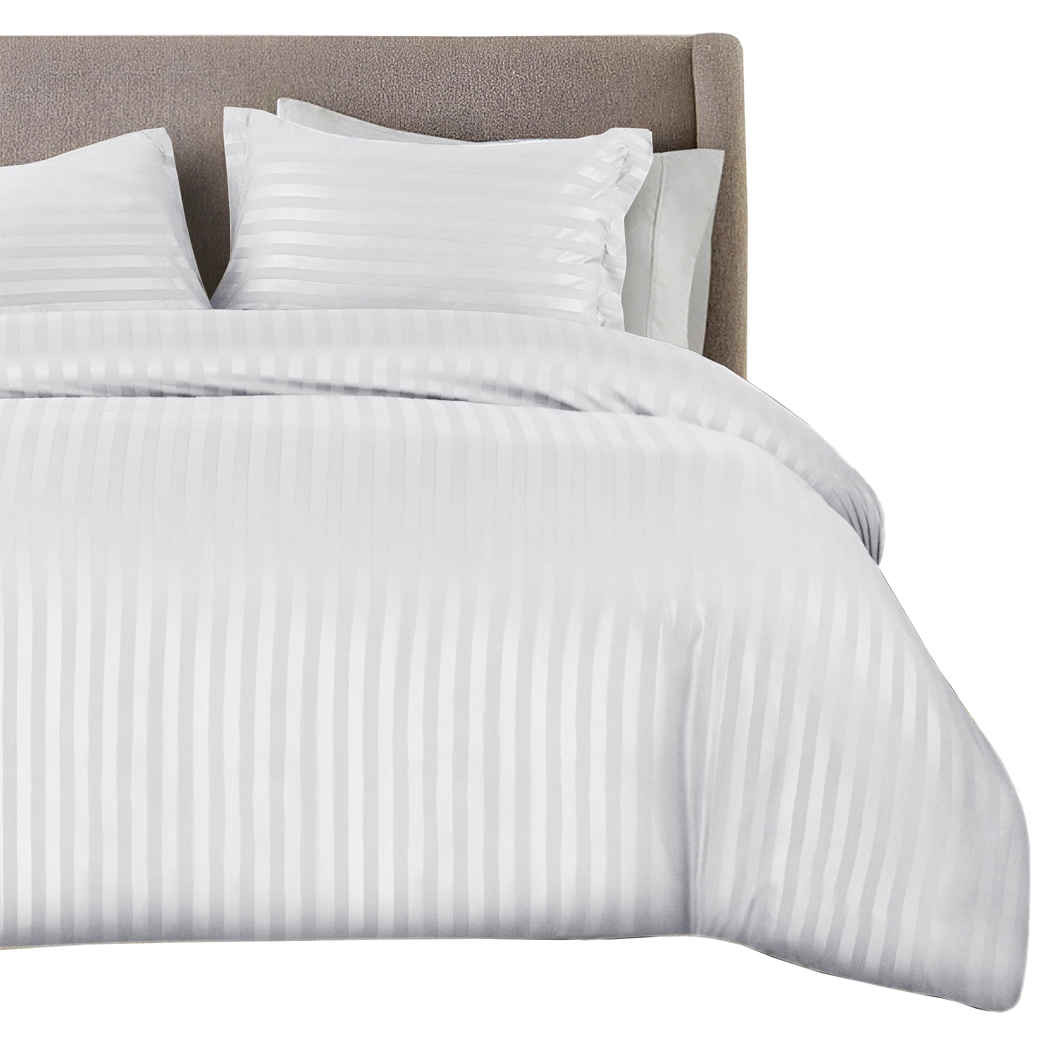 Qatan White Premium Hotel Quality Satin Stripe Duvet Cover Set With Pillowcases | Reversible Hypoallergenic Soft Quilt Bedding | Easy Care Breathable Luxury Linen (, King)