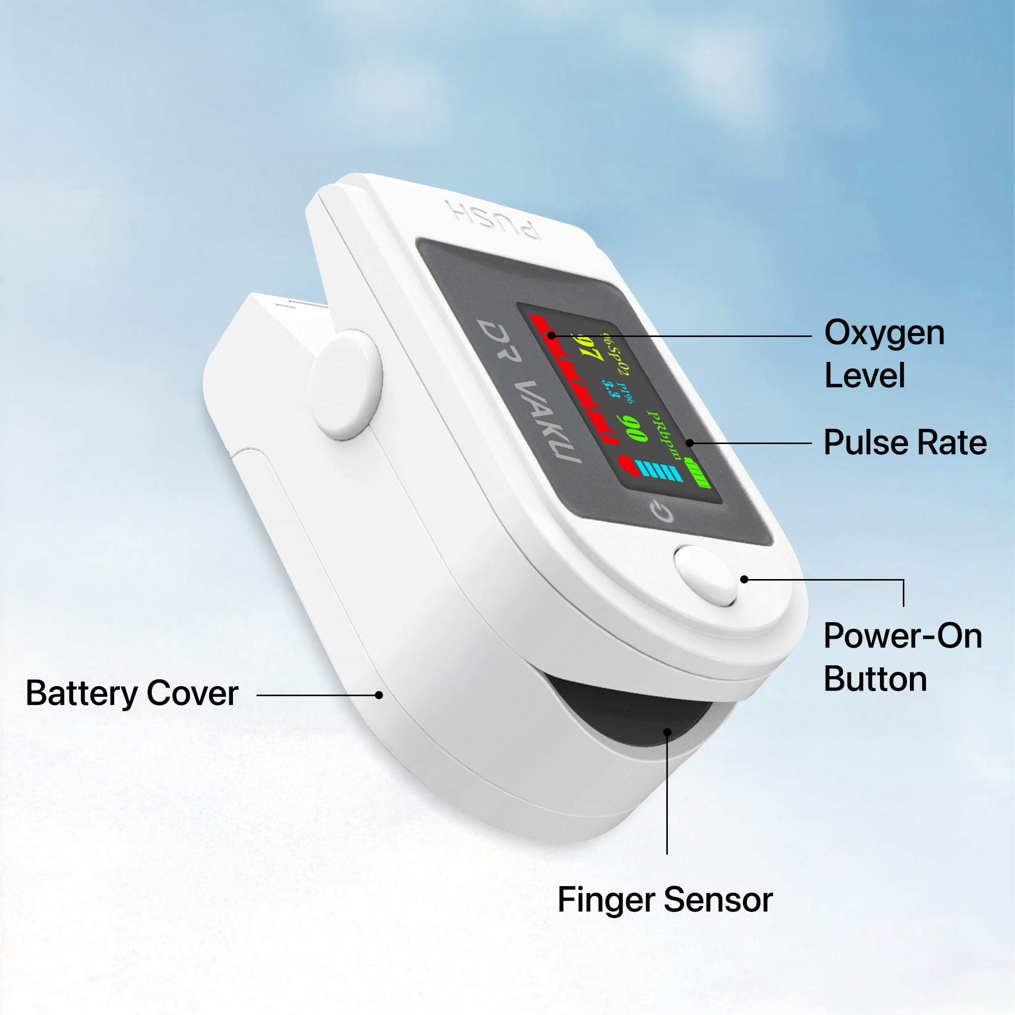 DR VAKU® Pulse Oximeter Fingertip SpO2 Blood Oxygen Saturation Monitor Finger Heart Rate Tracker Four Color TFT Display Battery Included - White
