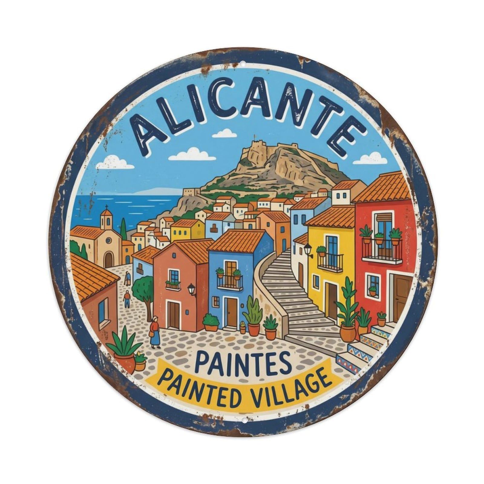 Fqcyn Style Vintage Travel Alicante Oldtown Barrio Metal Tin Sign Plaque Wall Decor For Cafe, Club Bar, Office, Home Garden Round Metal Poster 8X8inch