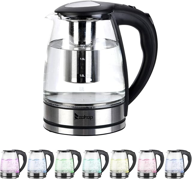 Electric Kettle, 1.8L Glass Water Kettle with 7 Colors LED Indicator Light, BPA-Free Electric Tea Kettle with Boil-Dry Protection and Auto Shut-Off, Fast Boiling