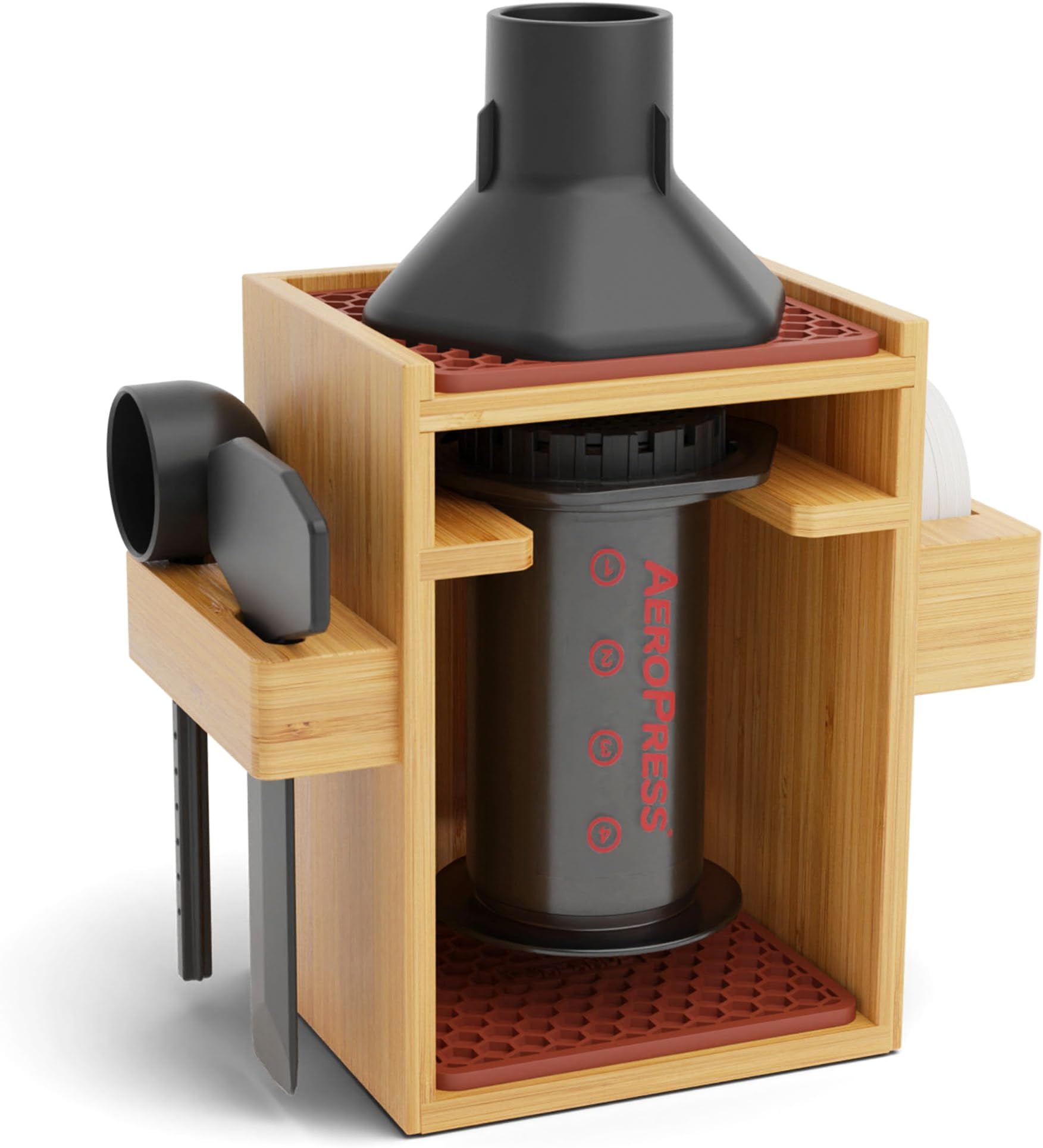 Compact AeroPress Organizer Stand, Bamboo Coffee Caddy for AeroPress Coffee Maker, Accessories, Filters, Cups, Includes Mats - Brown
