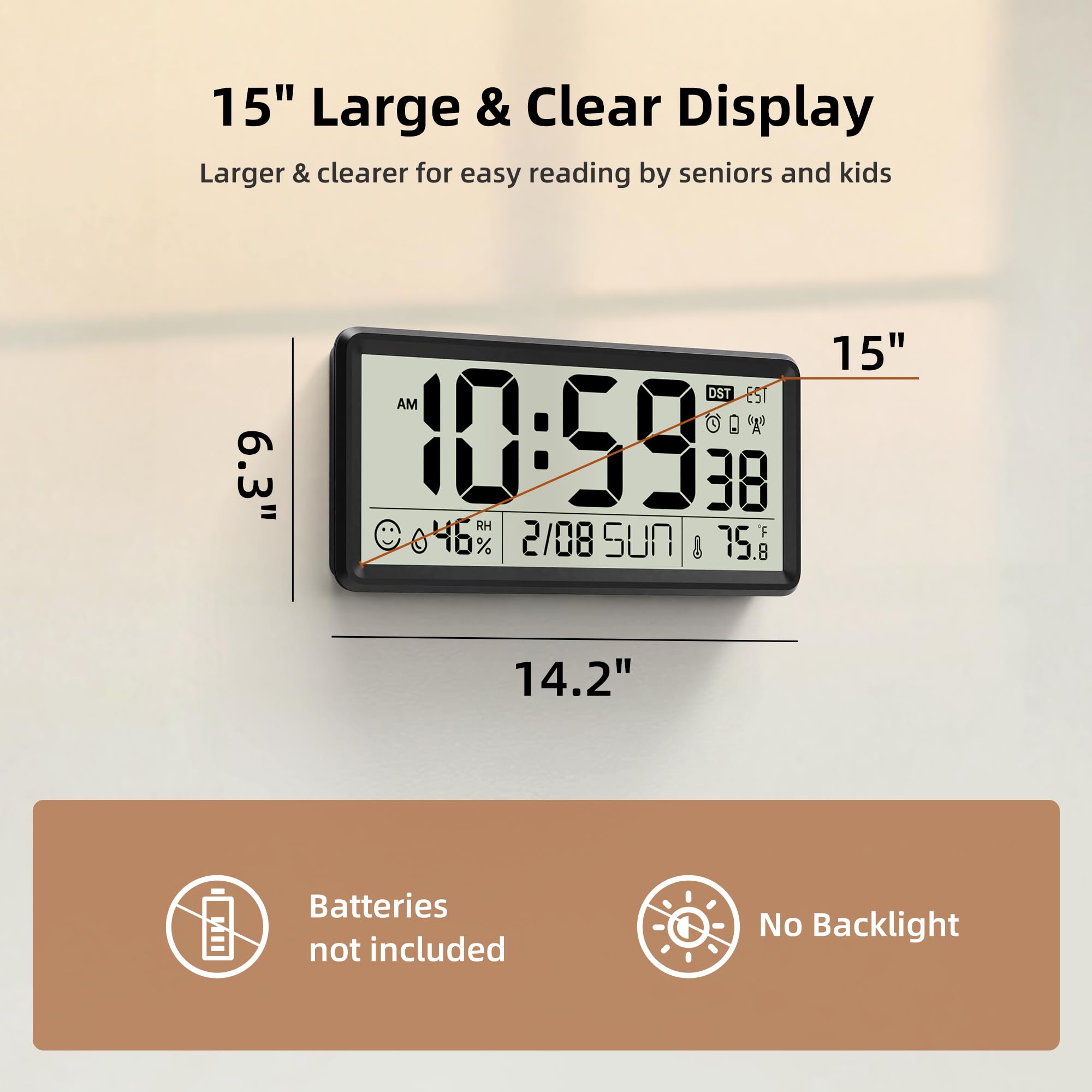 EASYERA Reloj atómico grande de 15 pulgadas con temperatura interior y humedad, reloj de pared digital que funciona con pilas, autoajuste con DST automático, para cocina, aula, sala de estar (pilas no
