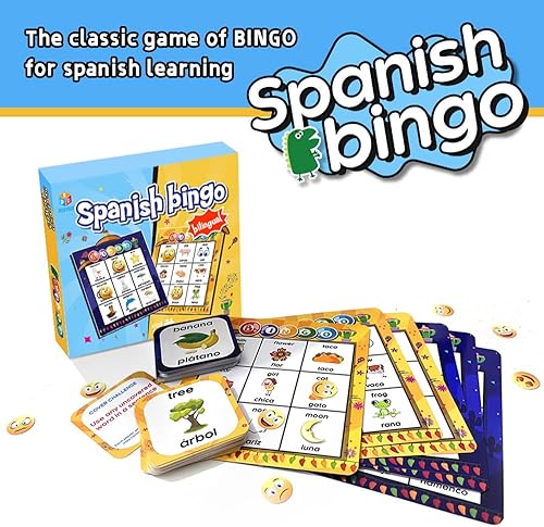 Miniatura 4 de Español Inglés Bingo bilingüe con tarjetas desafiantes Vocabulario Aprendizaje de idiomas Juegos educativos de lectura para niños a partir de 5 años