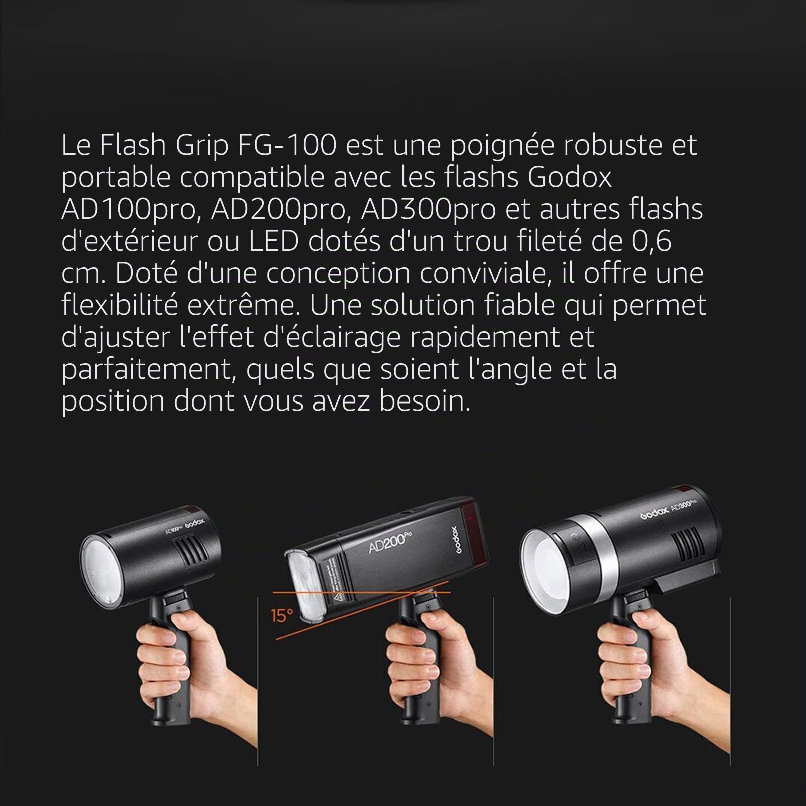 Godox FG-100 Poignée Flash, Poignée de Support de Flash Portable avec Stabilisateurs de Support Speedlite à Vis 1/4", Postuler à Godox AD200 Pro/AD300 Pro/AD300Pro II/AD100 Pro etc