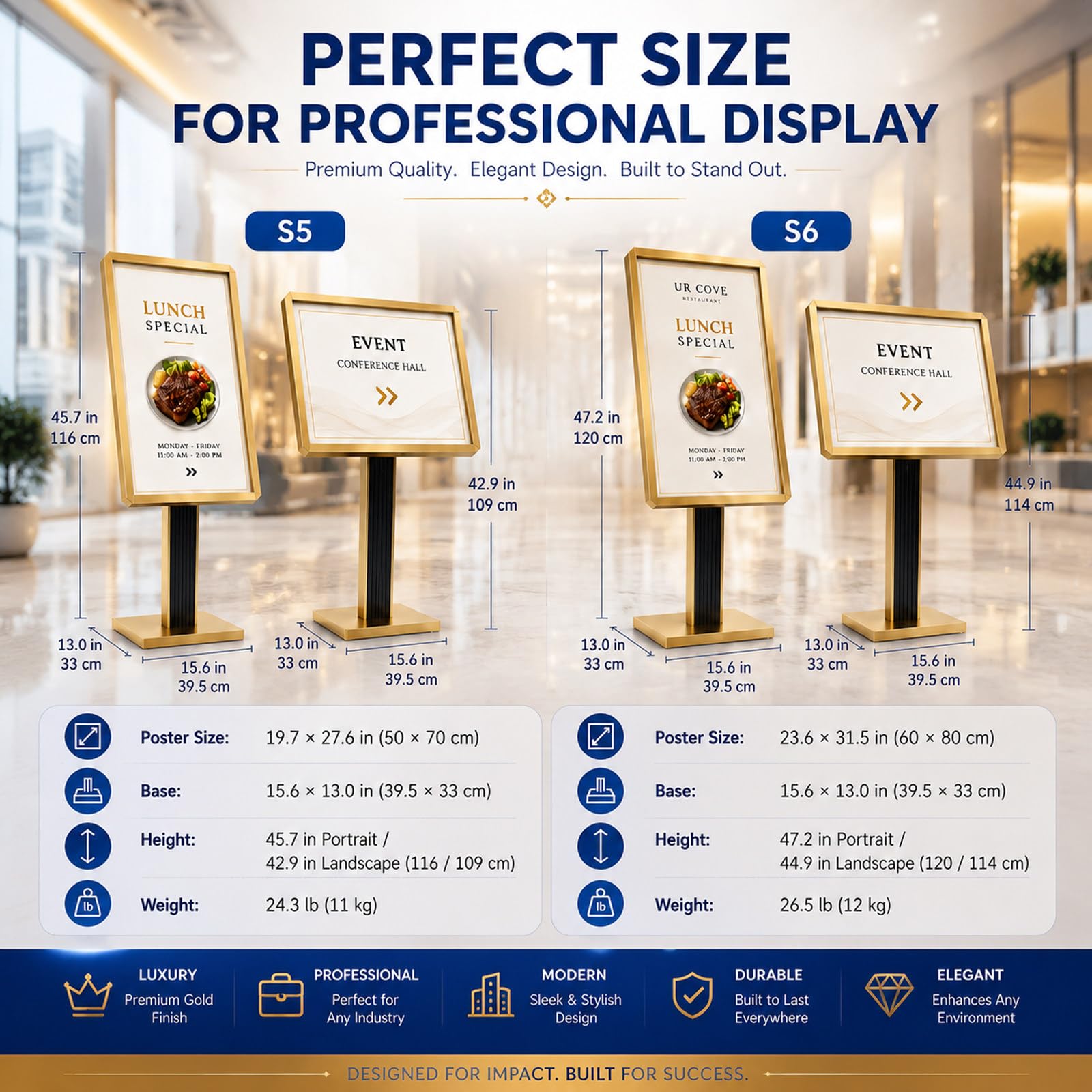 Soporte para Carteles de 50 x 70 cm, Resistente, Ajustable Vertical y Horizontalmente, para Centros Comerciales, Escuelas, Restaurantes, Tiendas y Oficinas Gold-24 * 32in