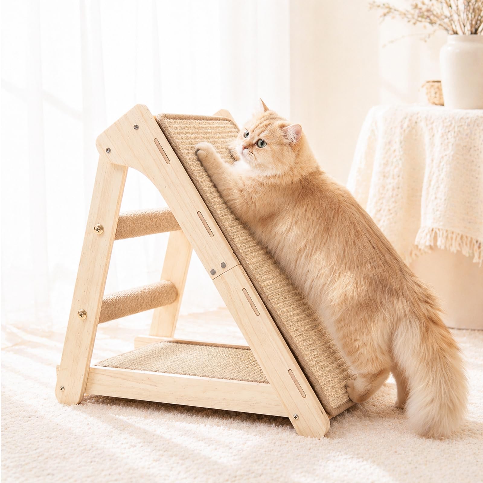 DONWEI Sisal Cat Scratcher, Foldable Triangle Design, 3-in-1 Cat Scratching Board, Solid Beech Wood with Climbing Ladder & Sisal Mat Resting, Extra-Large 50x50x28CM, Space-Saving Pet Furniture