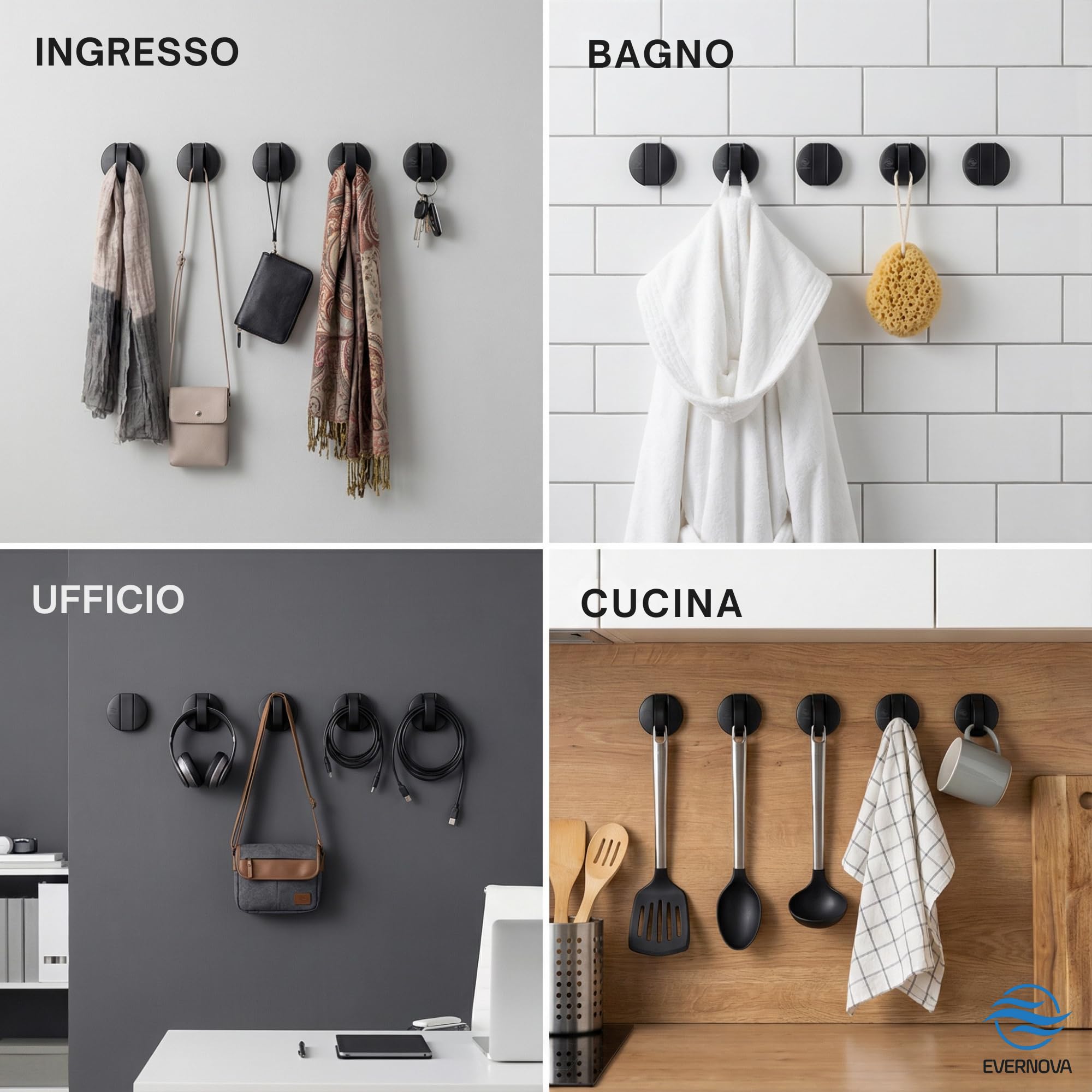 Appendiabiti da parete Set da 5, Resistenza fino a 25 kg, Design Elegante, Facili da Installare, Ideali per Casa, Cucina e Ufficio (Nero)