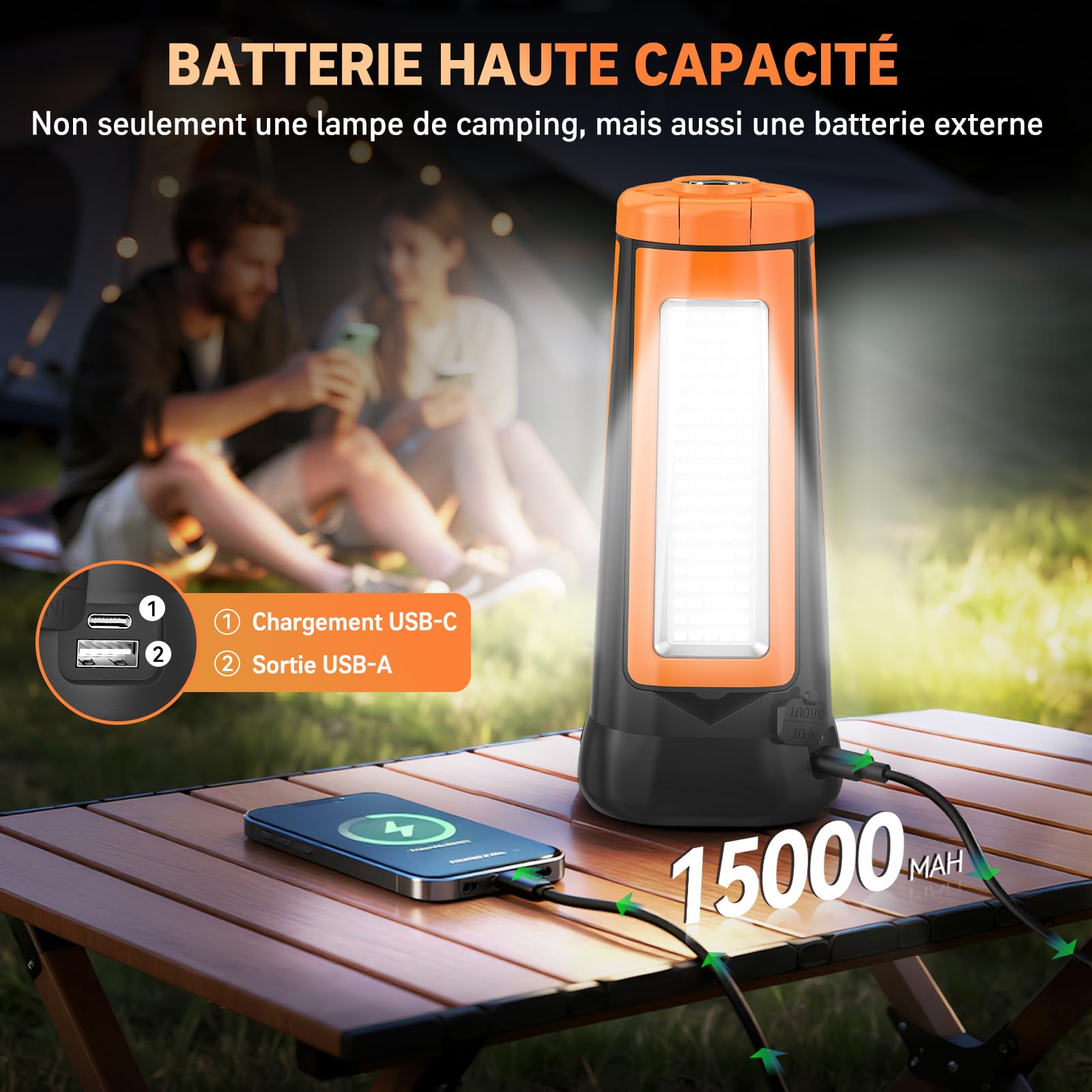 Adewalk 15000mAh Projecteur de Chantier LED Rechargeable avec Trépied, 5500LM Lampe de Camping à 3 Têtes, Étanche IP65, 5 Mode, Lampe de Travail Réglable pour Atelier, Garage, Construction(Orange)