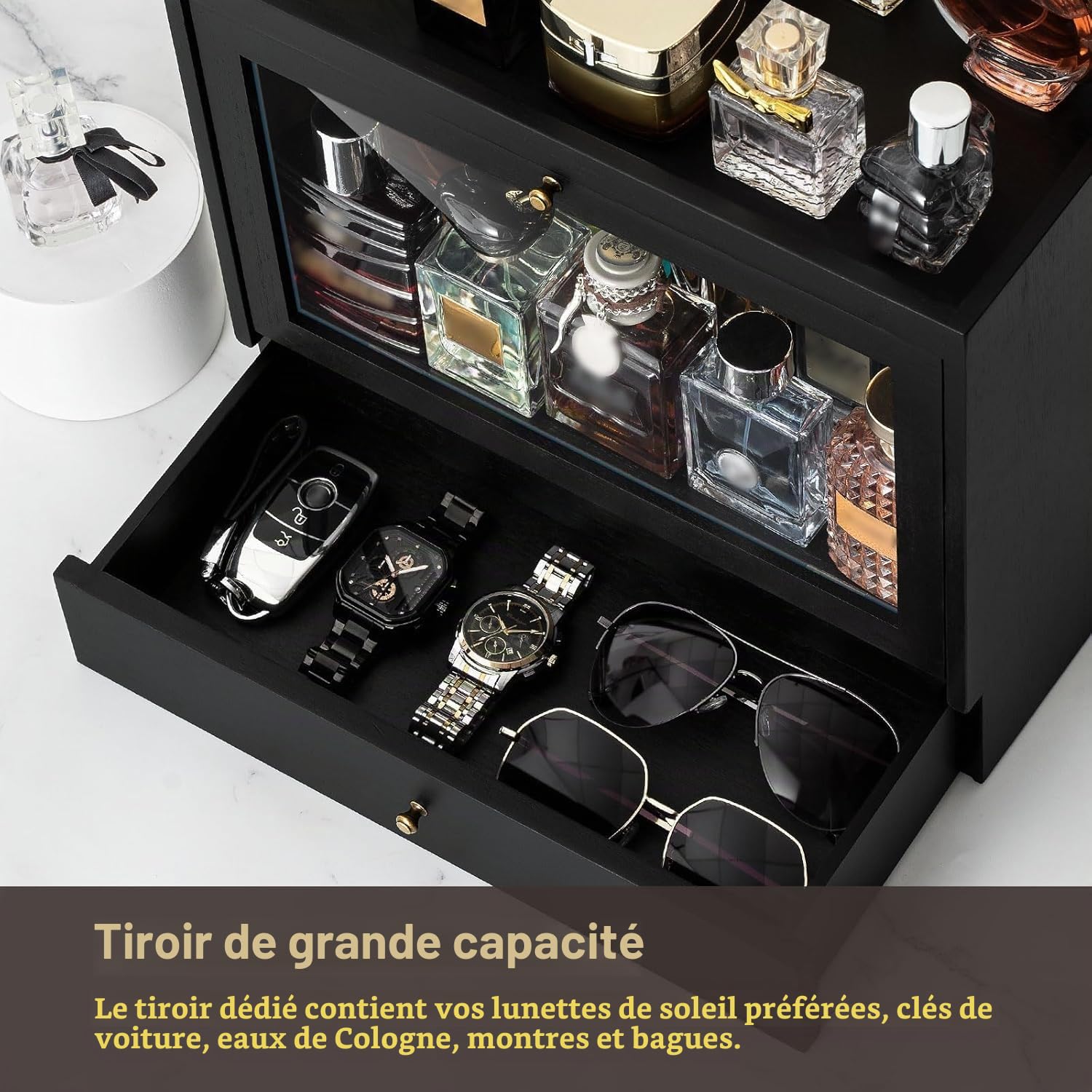 Rangement Parfum Homme, Porte Parfums en Bois, Grande Capacité Organisateur Parfums avec Tiroir, Présentoir Parfum pour Parfums, Bijoux, Excellent Cadeau (Noir)