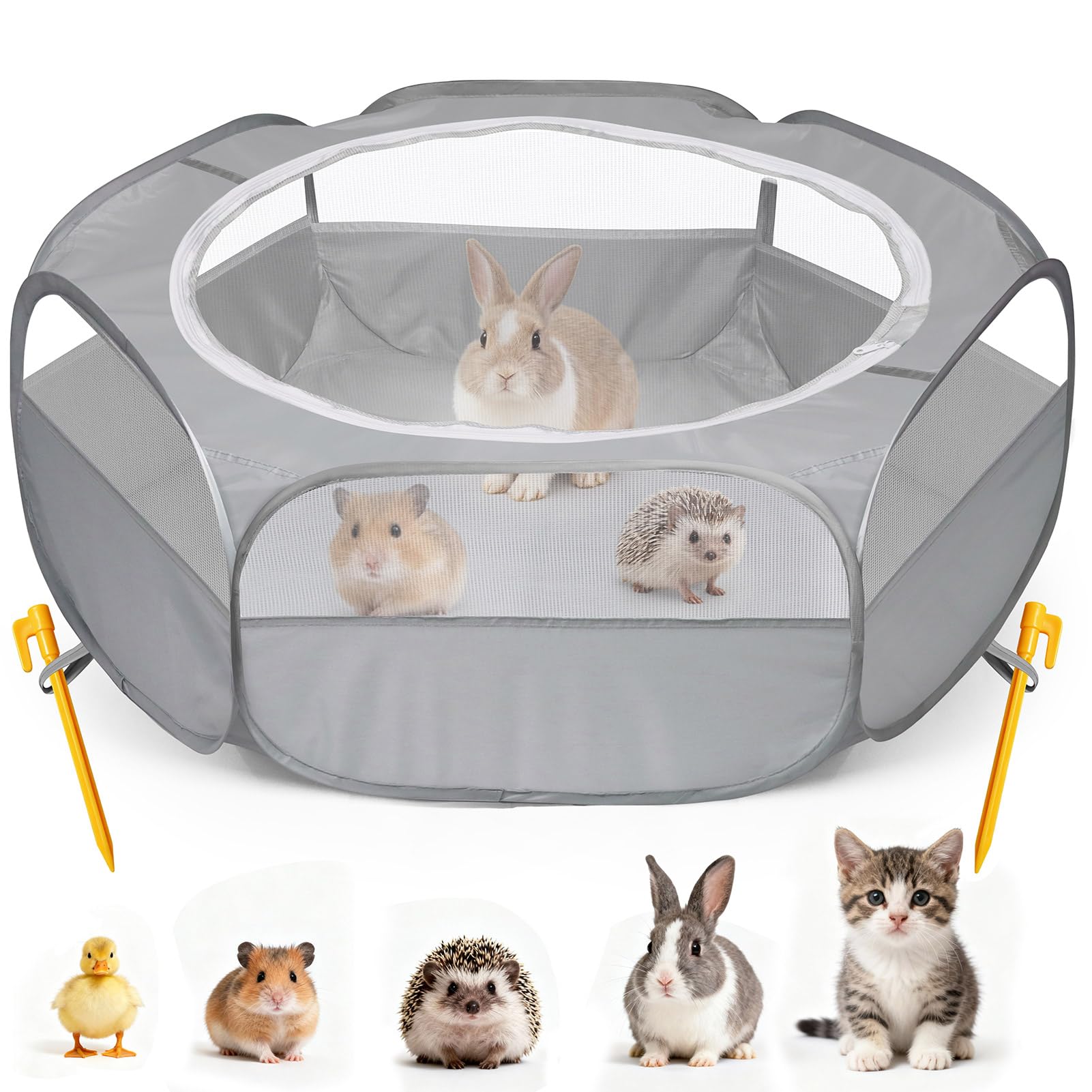 MAIKEHIGH Parque de Animales Pequeños, Impermeable Transpirable Ejercicio de la Portátil Tienda Animal Doméstico con Cubierta Cremallera de Indias Conejos Hámster Chinchillas Erizos (Gris)