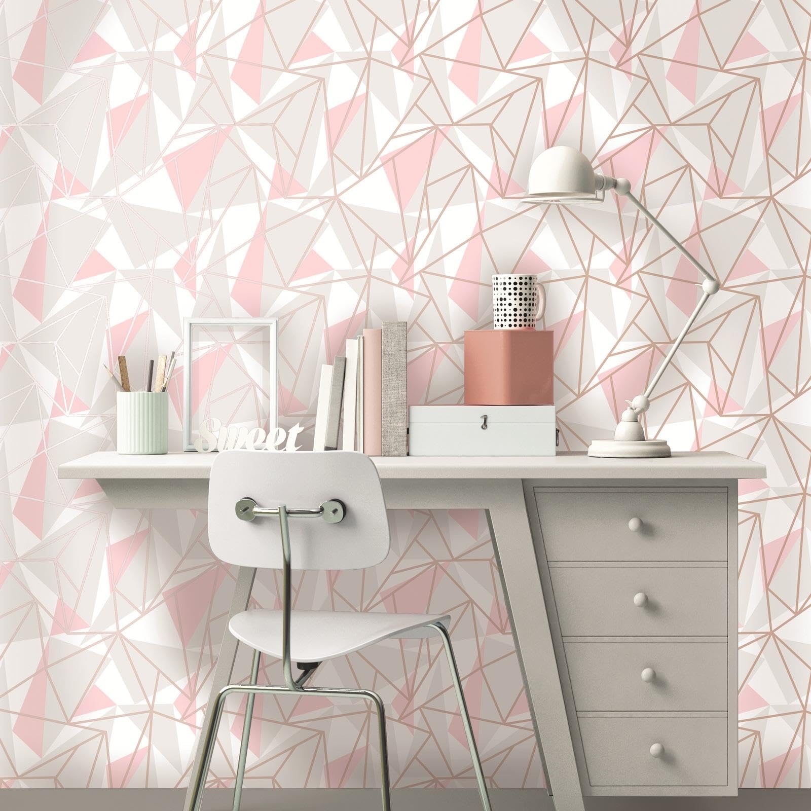 Pink Grey Geometric Wallpaper White Retro Metallic Shimmer Feature Wall Bedroom