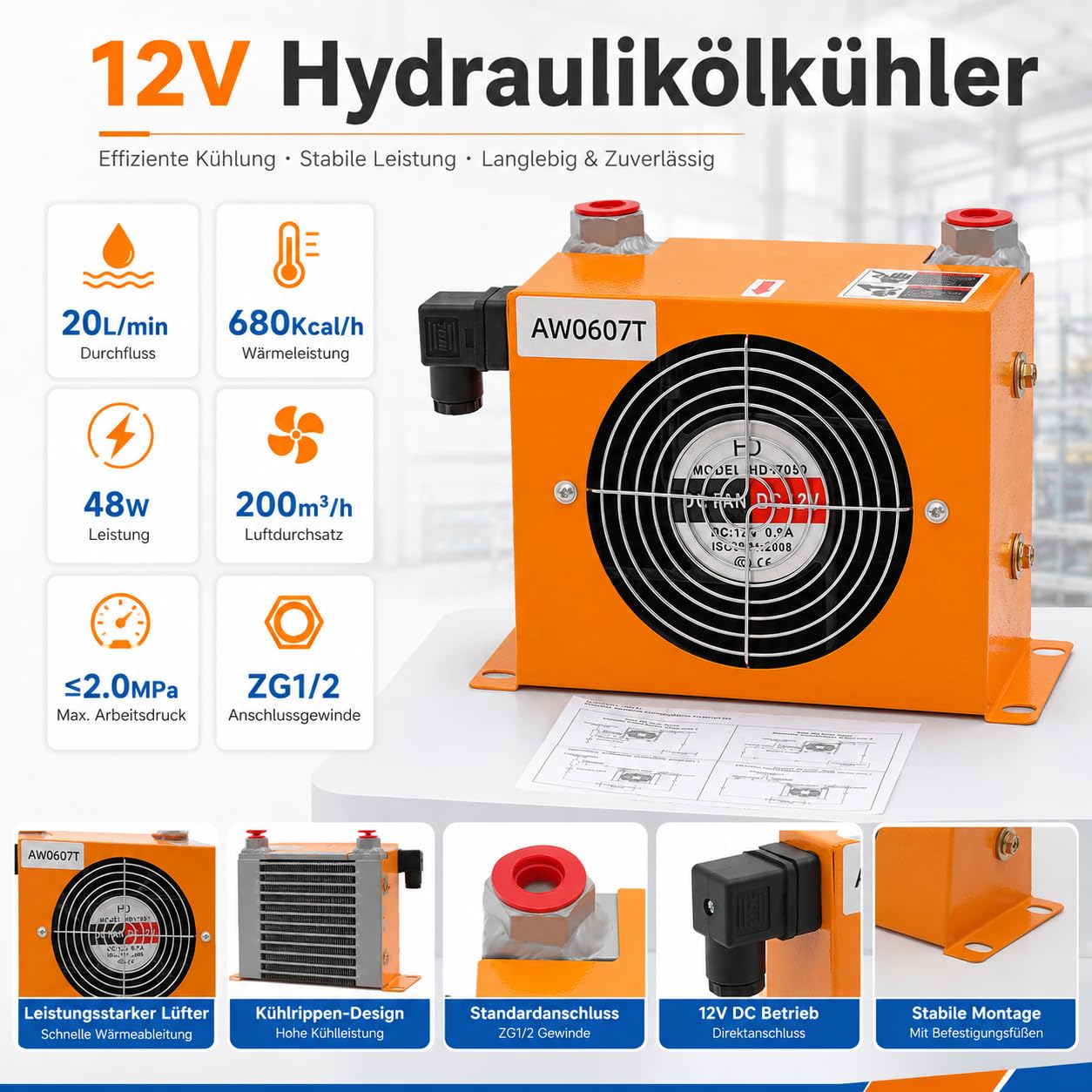 Raffreddatore ad aria idraulico, DC 12 V raffreddato ad aria radiatore olio lega idraulica radiatore olio 20L/MIN
