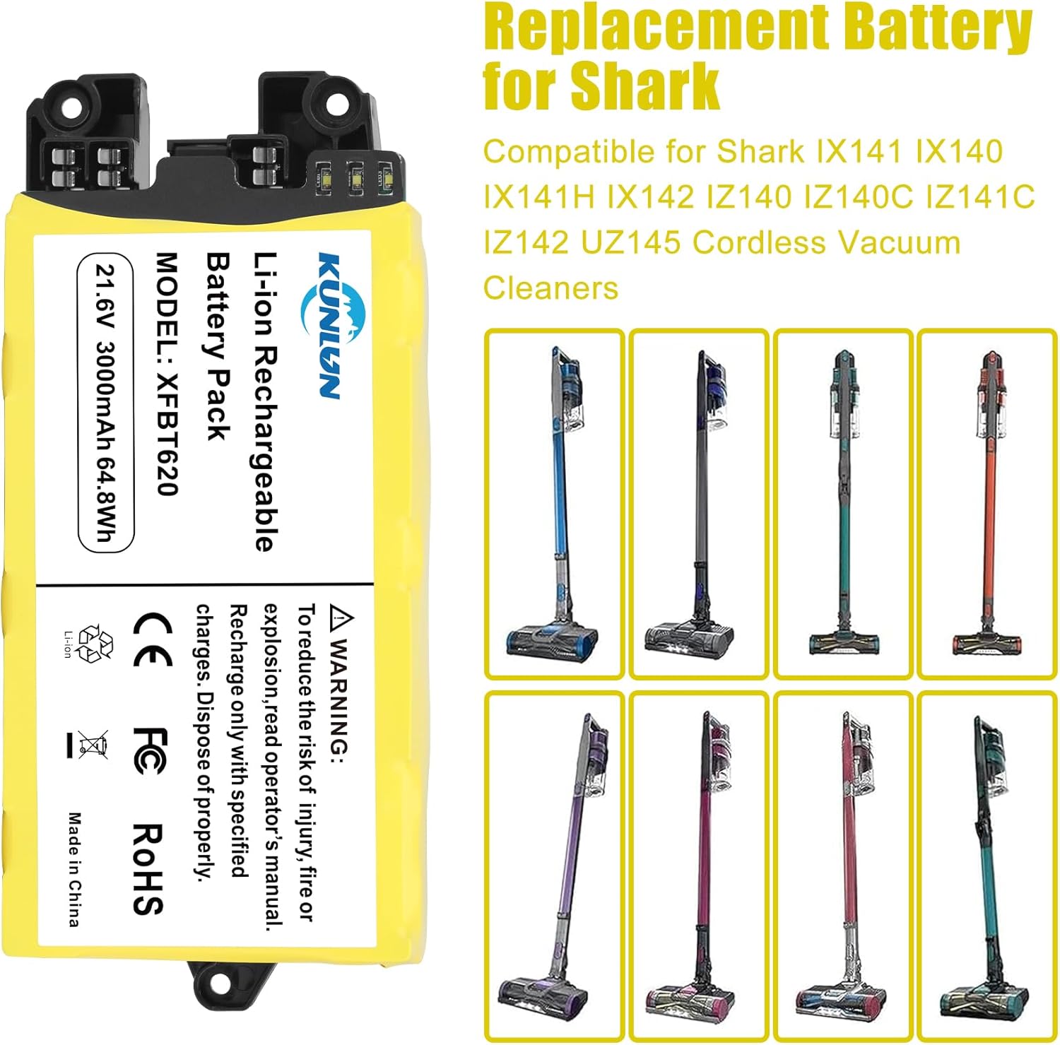 KUNLUN 3000mAh XFBT620 Battery Compatible for Shark IX140 IX141 IX141H IX142 IZ140 IZ140C IZ141C IZ142 UZ145 Cordless Vacuum Cleaners, 21.6V XFBT620 Lithium Ion Battery