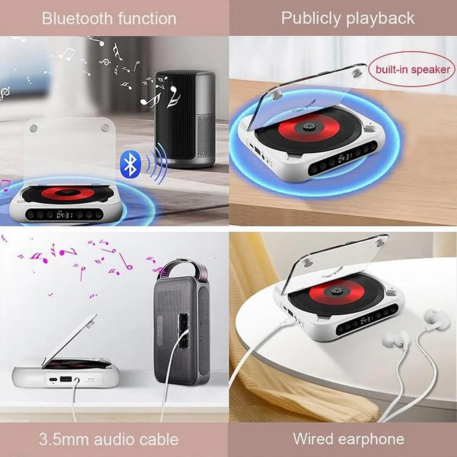 Lettore CD portatile con Bluetooth, suono Hi-Fi, lettore musicale compatto ricaricabile per viaggi e casa