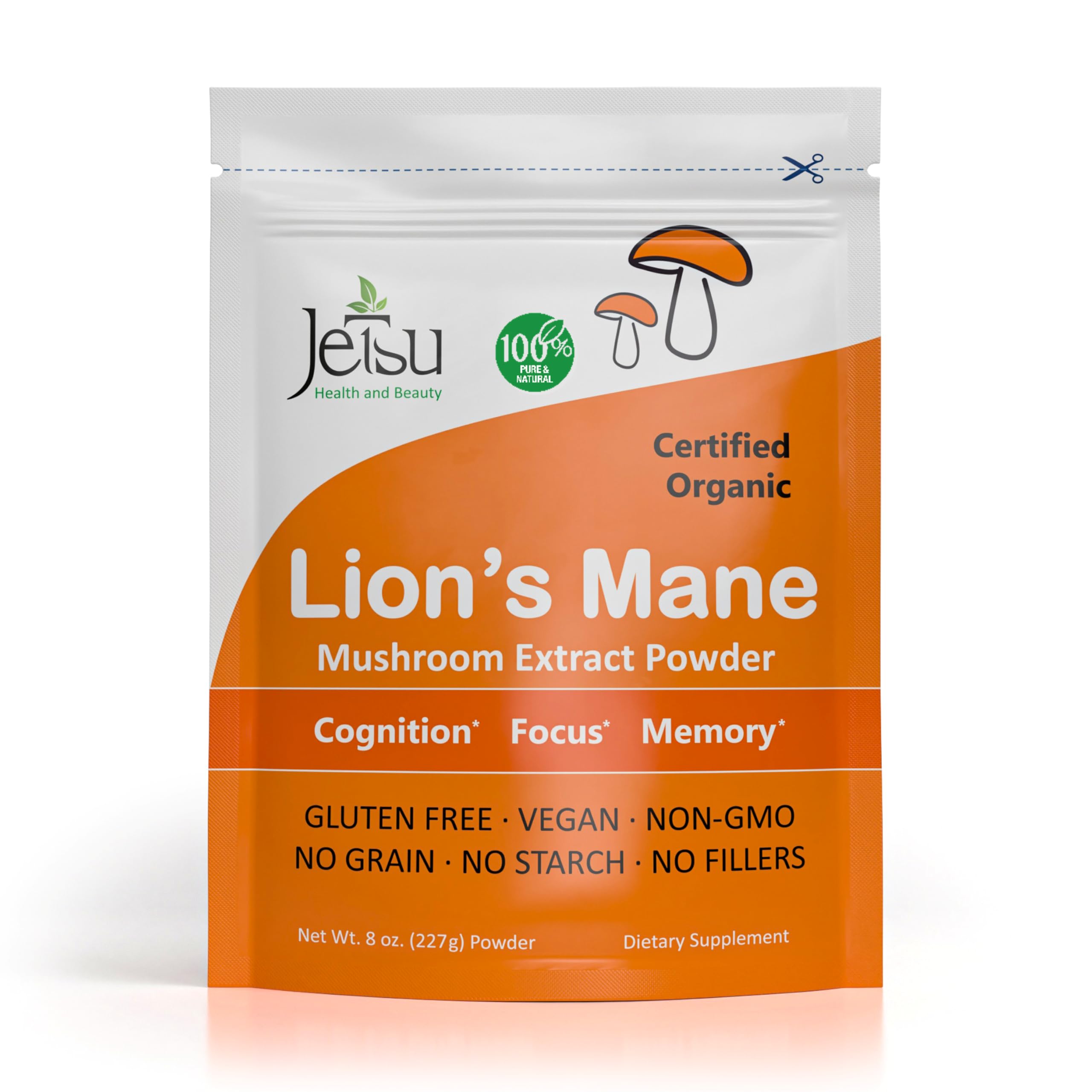 Jetsu Lions Mane Mushroom Powder, Organic, Vegan, Non-GMO Extract Supplement. Nootropic to Support Brain Health, Boost Neuron Growth and Your Immune System for Clarity and Focus. (227g)
