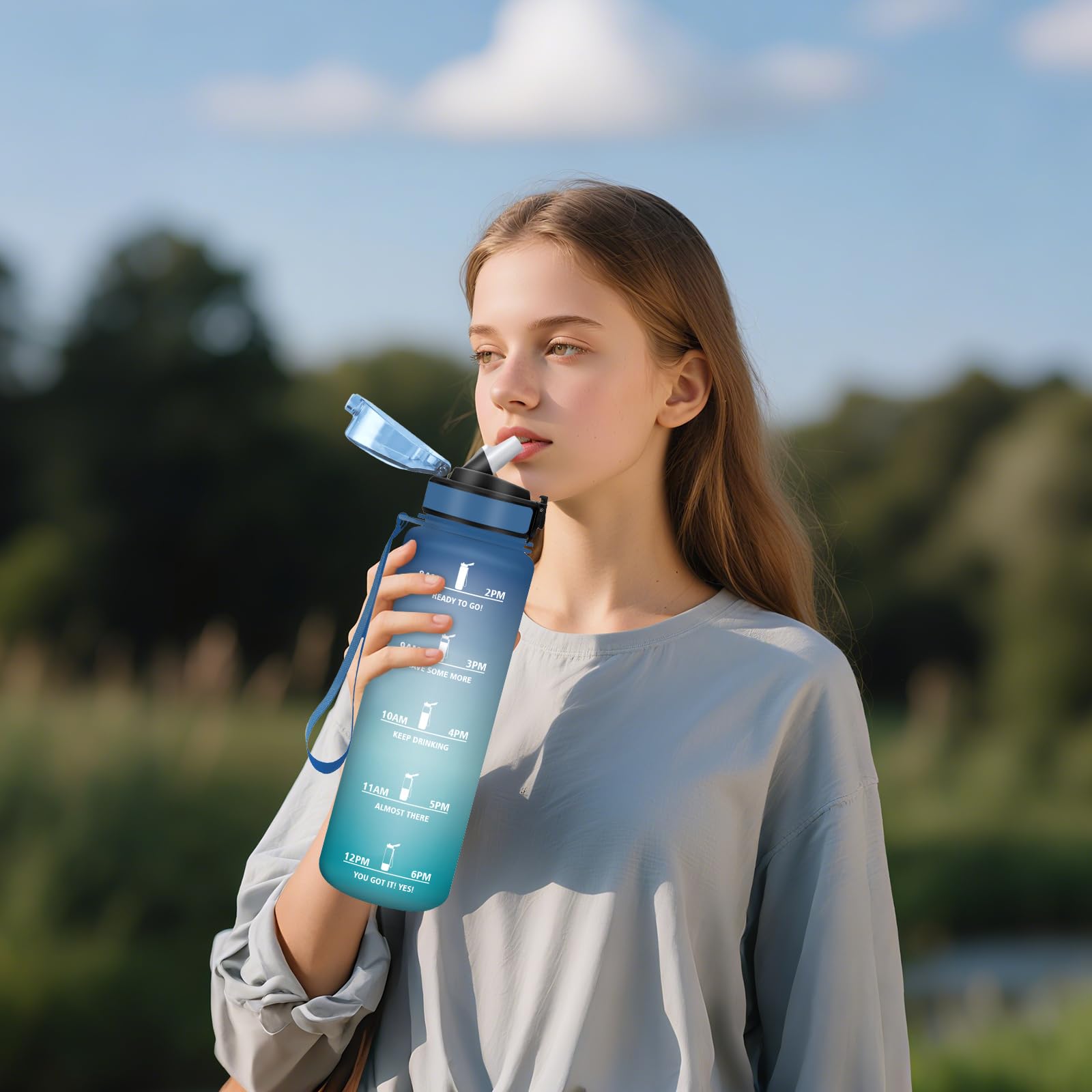 Gourde Sport Motivation 1000ml Avec Paille – Sans BPA – Marqueur De Temps – Jaune & Bleu Roi – Pour Fitness, Yoga, Extérieur
