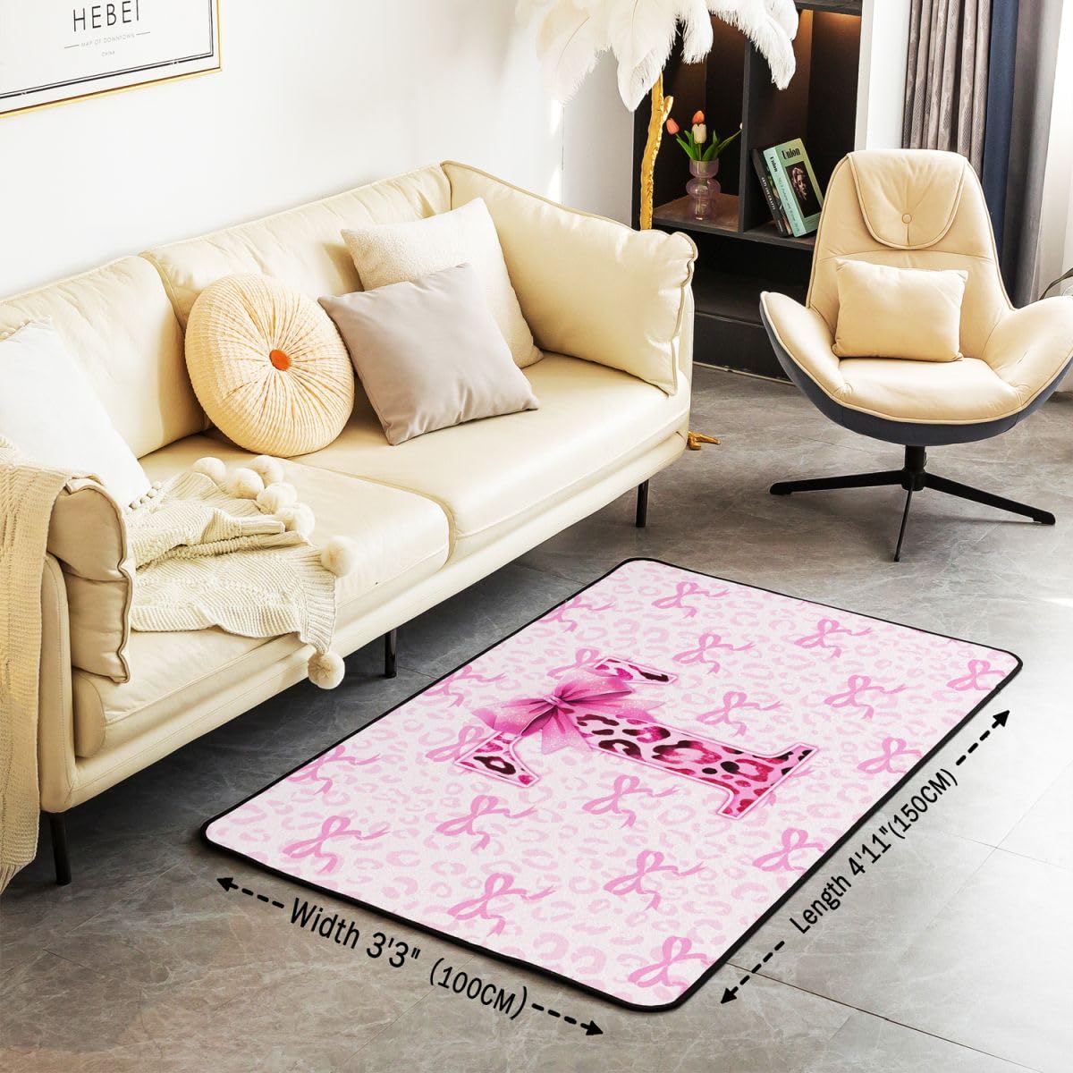 Tapis de Salon 100x150cm Rose Bowknot Léopard Tapis Chambre Personnalisé Lettre Letter T pour Salon Chambre Cuisine ou entrée Bowknot Tie Moderne pour d’intérieur d'extérieur
