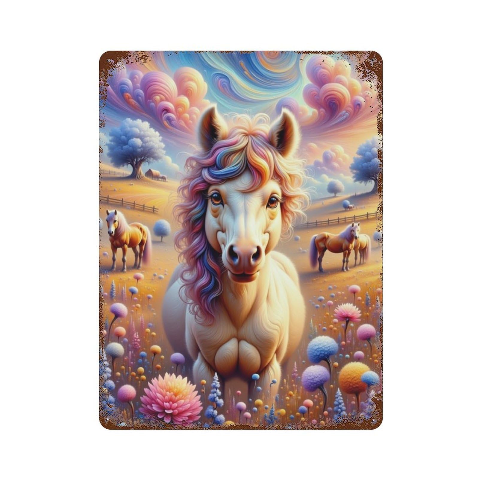 A Whimsical, Colorful Scene Features A Close-up of A Cute, Fluffy Horse with Curly Fur And Decorative Tin Sign 15.7"x11.8", Shabby Chic Decor for Garage, Pub Or Kitchen