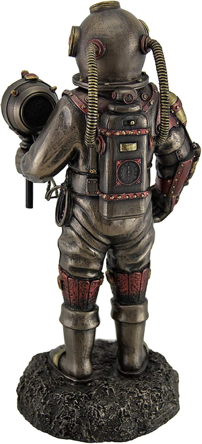 Veronese Design 10 5/8 Tall Steampunk Skeleton in Diving Suit Statue LED Lighting Diving Bell Statue Cold Cast Resin Antique Bronze Finish Sculpture