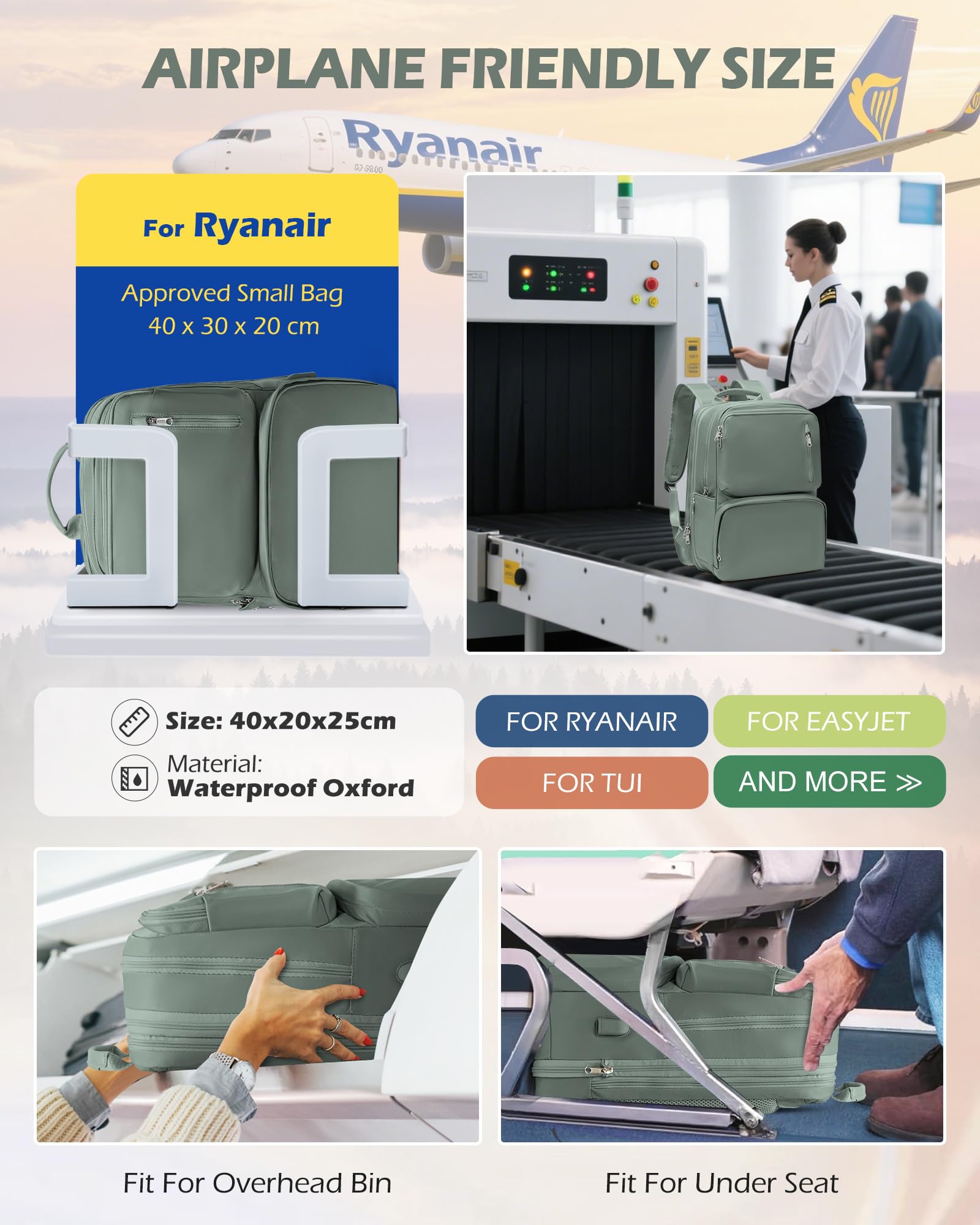 SZLX Zaino Ryanair 40x30x20 Sottovuoto Zaino da Viaggio 40x20x25 Ryanair Wizzair Donna da escursionismo impermeabile Zaino Casual Laptop da 14 Pollici con porta di ricarica USB Scomparto per Scarpe