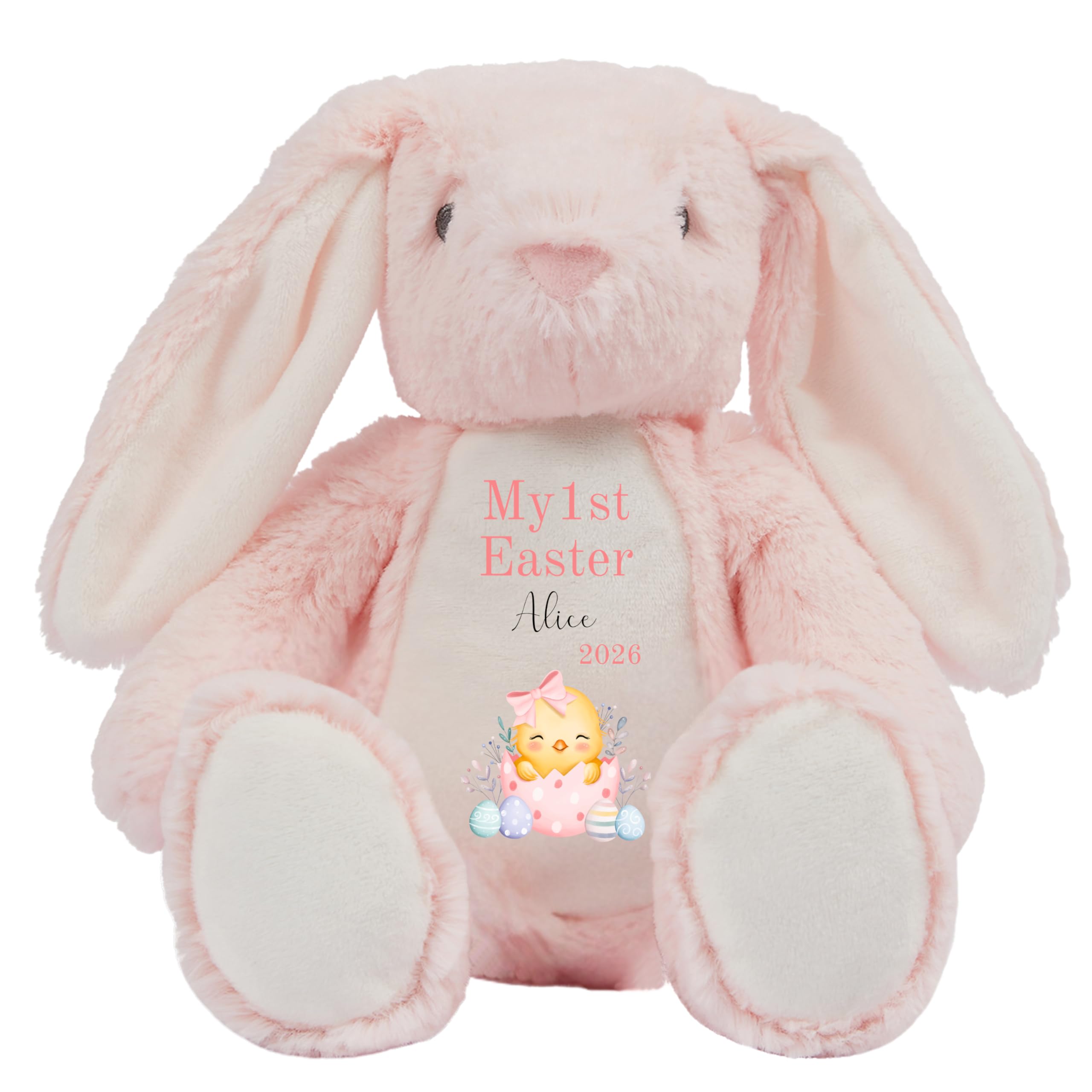 HotScamp Personalised Easter Bunny with Name - My 1st Easter Chick 2026 Pink - Soft Toy for Baby, Toddler, Child, Kids, Babies Spring Time - Pink Letter Pin Bunny