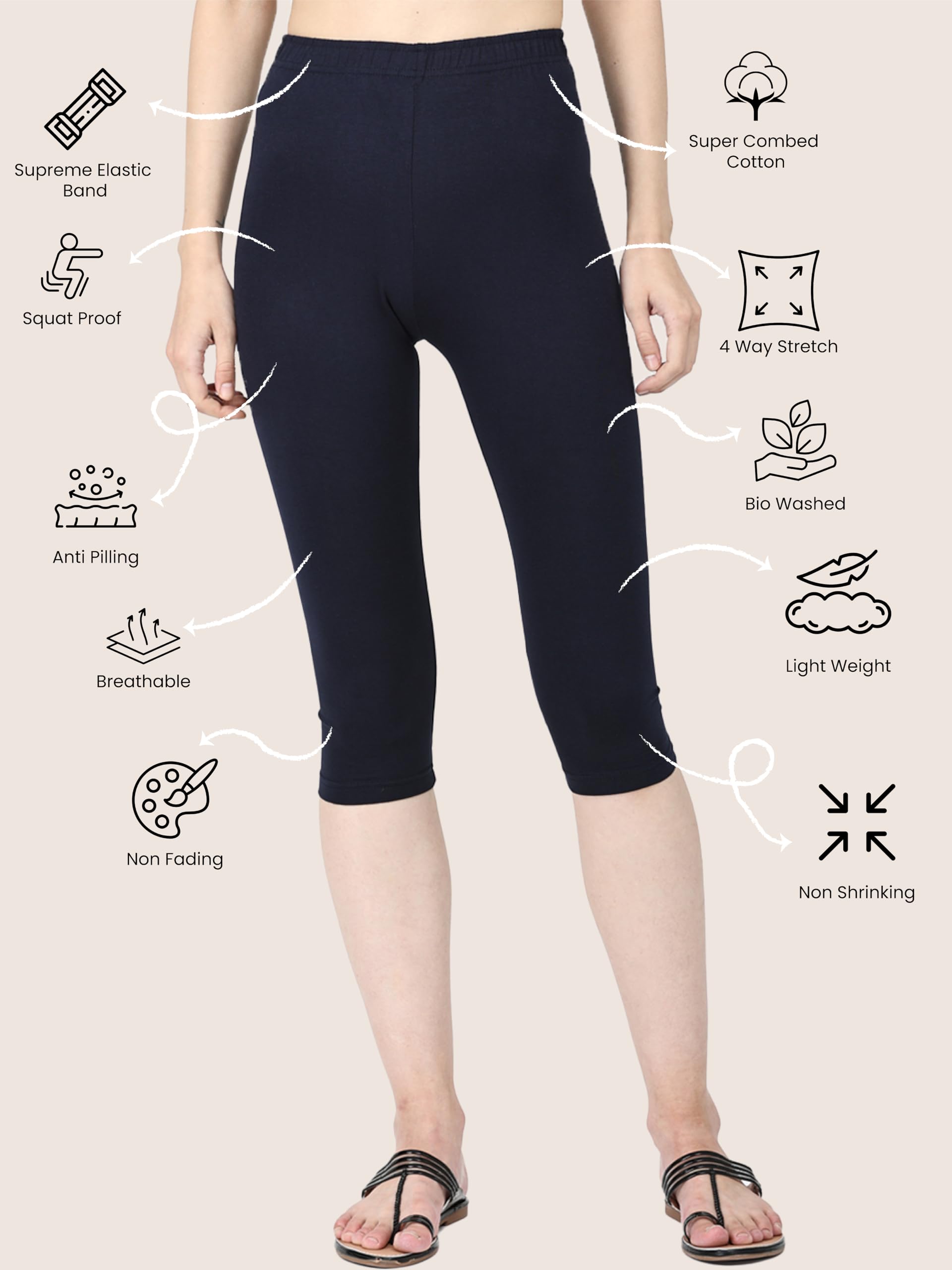 Robinbosky Women Mid Rise Premium Cotton Lycra Stretchable Capris Leggings (XL,Black) - Image 3 thumbnail