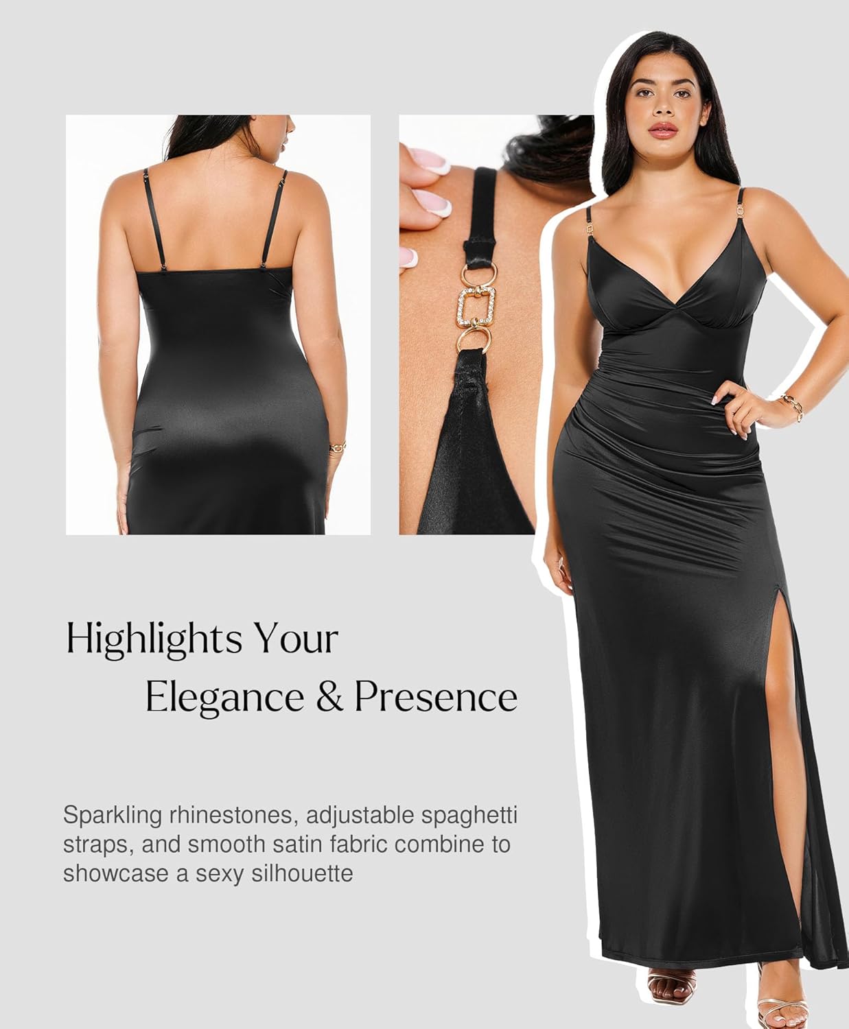 Popilush Women's Sexy Maxi Dress Deep V Neck Ruched Shapewear Dresses Side Slit Formal Cocktail Party Dress - Image 2