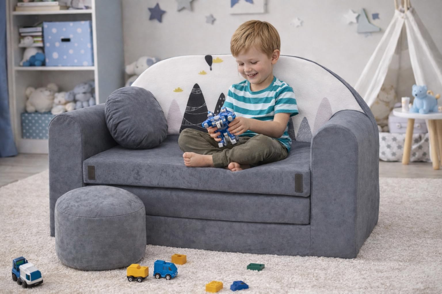 Divano letto pieghevole per bambini con funzione letto Perfetto per giocare e dormire - Con materasso, cuscino e pouf sfoderabili - 98x168x59 cm AX2 Grigio - Cime delle montagne
