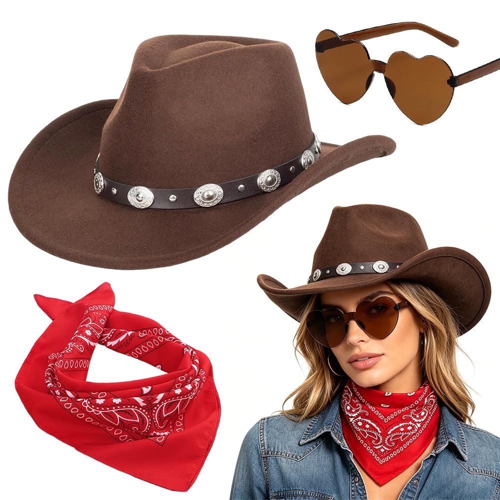 Sombrero Vaquera 3 Piezas Sombrero de Vaquero Accesorios Sombreros Vaquero del Oeste Traje Sombreros Vaquera con Pañuelo Cuadrado y Gafas para Vacaciones Fiestas Temáticas