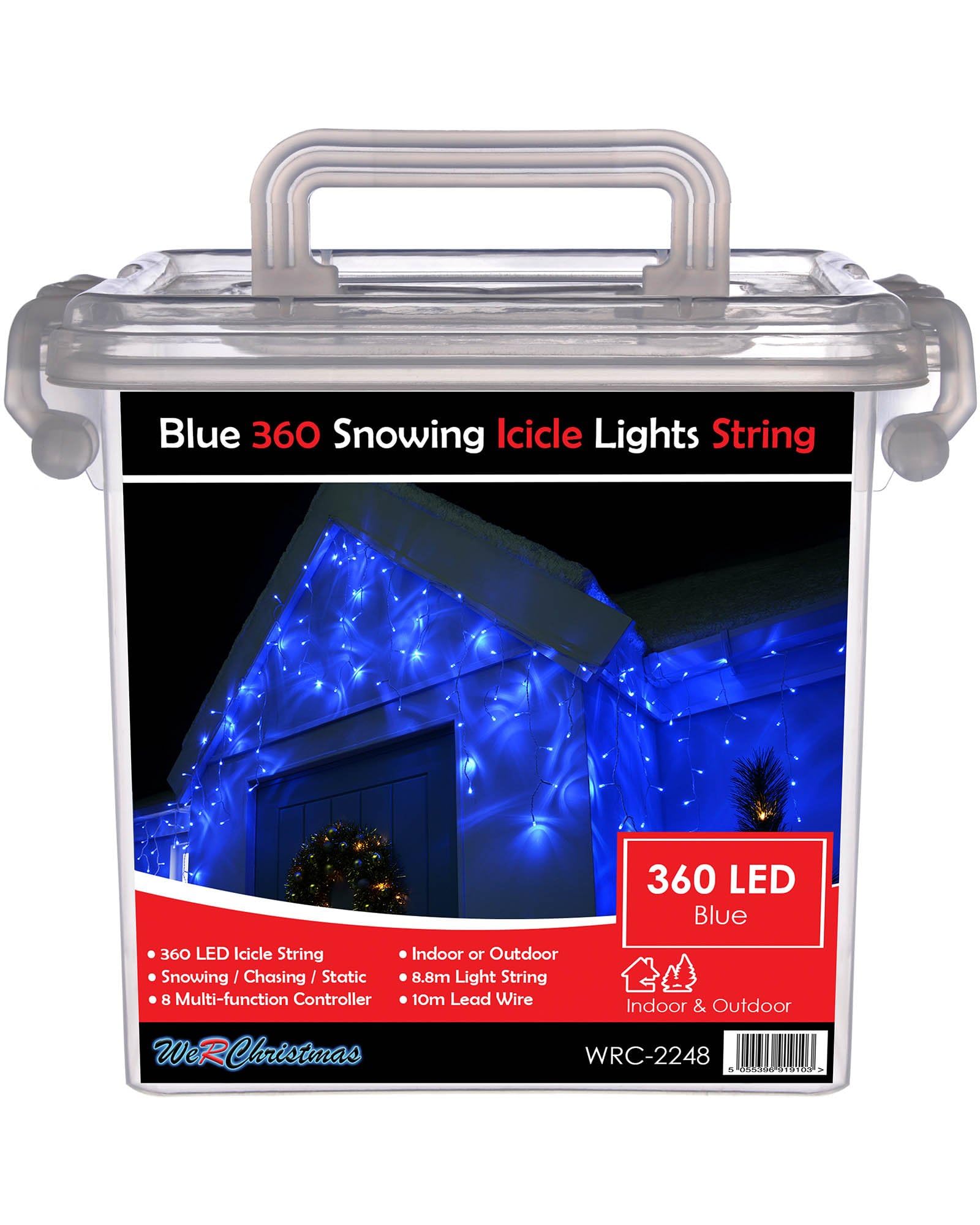 WeRChristmas Snowing Icicle Christmas Lights String with 360-LED Chasing/Static Settings with 19 m Cable - Blue