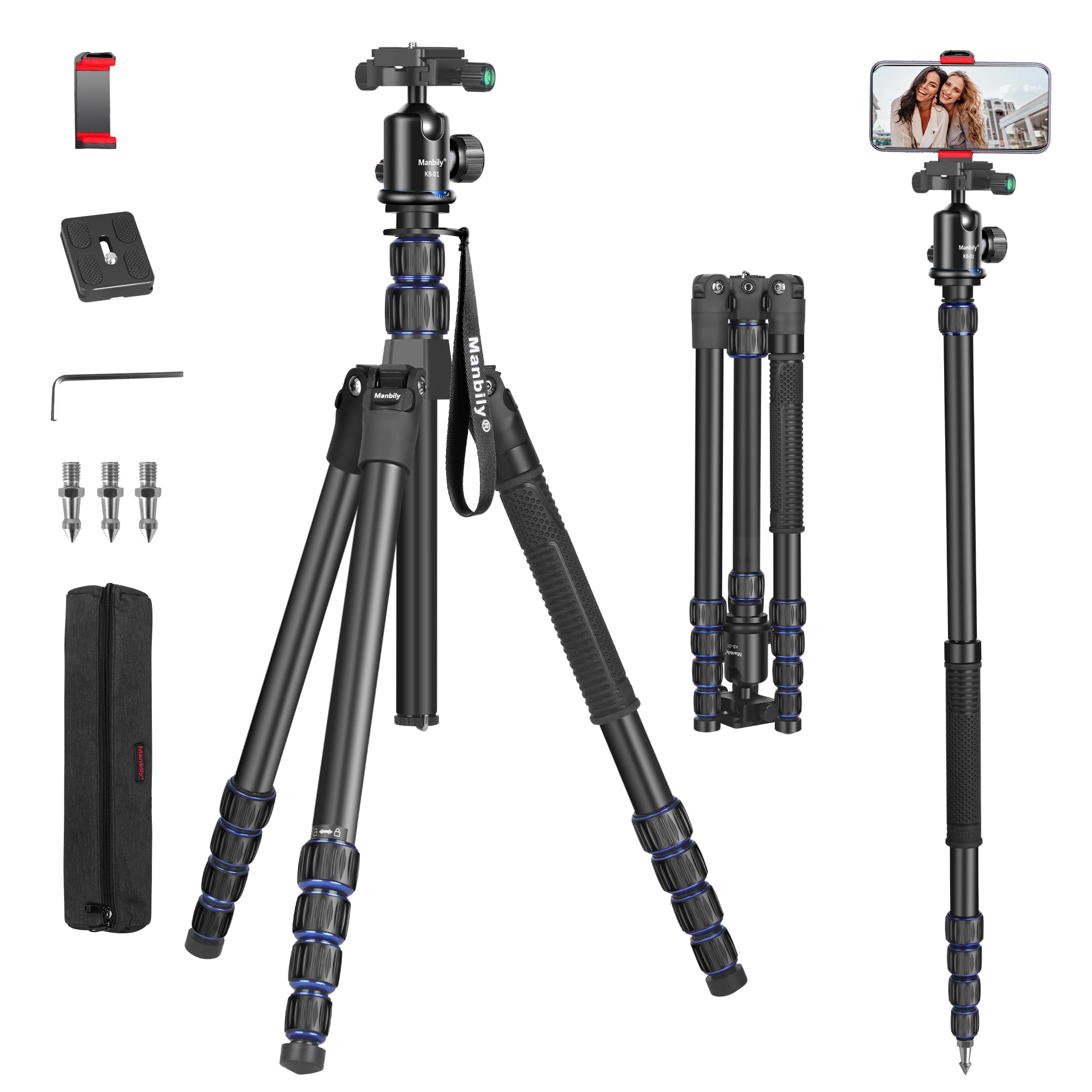 Camera Tripod, Manbily 74" Aluminum Travel Tripod Monopod Stand for Camera DSLR Phone, 360° Ball Head w Handle and Extra 1/4" QR Plate, Payload 17.6lbs, Compatible with Canon Nikon Sony