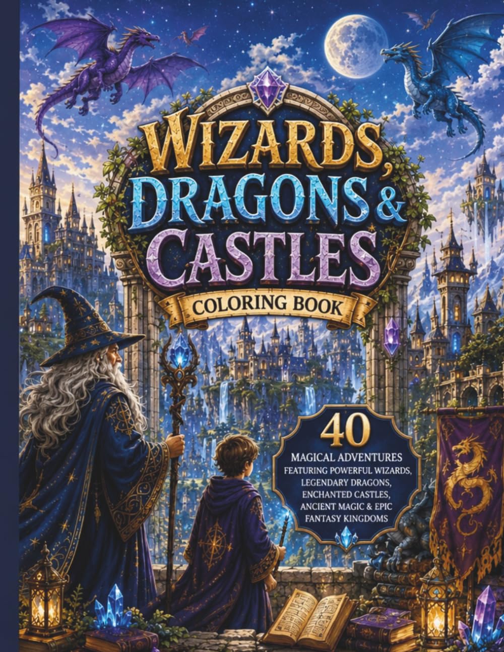 Wizards, Dragons & Castles Coloring Book: 40 Magical Adventures Featuring Powerful Wizards, Legendary Dragons, Enchanted Castles, Ancient Magic & Epic Fantasy Kingdoms
