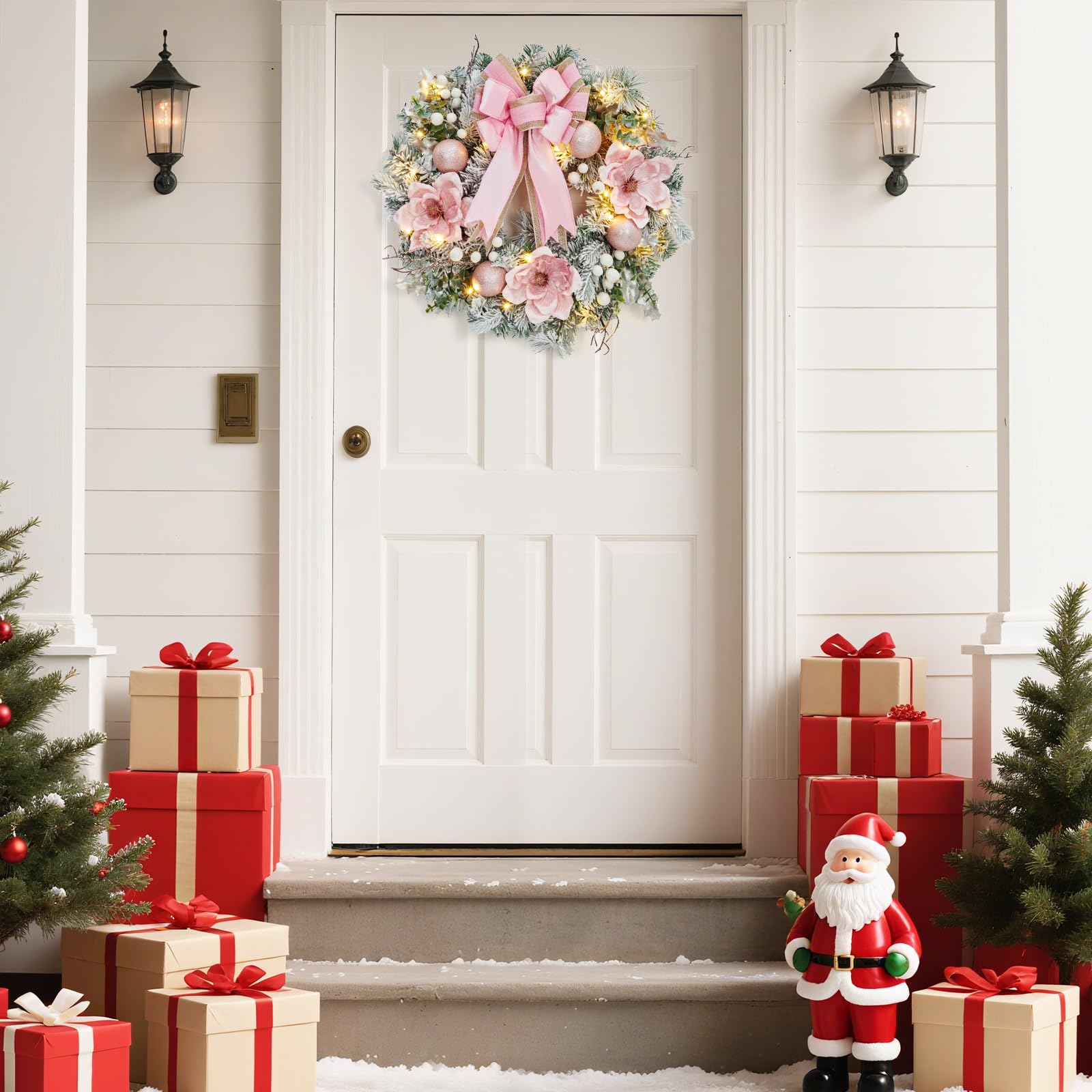 Grande couronne de Noël pré-éclairée pour porte d'entrée, 61 cm pour décoration de vacances, couronne de Noël lumineuse à piles avec fleurs, boules décoratives et 20 lumières LED pour fenêtre