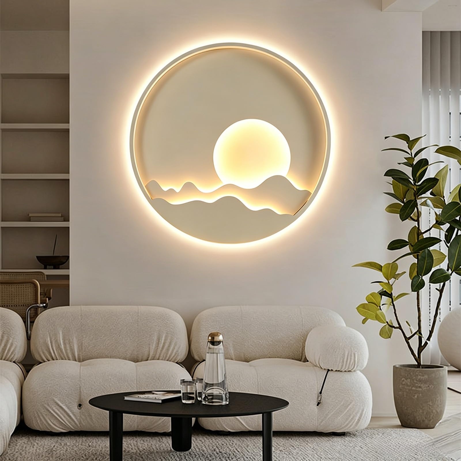 Décoration murale 3D LED salon sculpture porcelaine cristal gravée 80cm