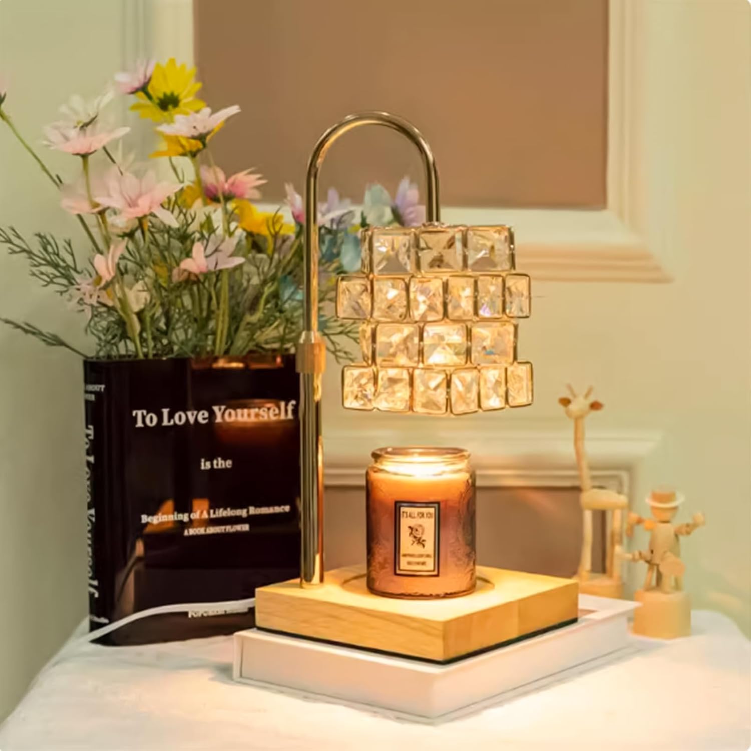 Crystal Candle Warmer Lamp With 2 Bulbs - Adjustable Height, Dimmable, Compatible With Large Jar Candles - Amber Glass, Home Decor Gift for Mom