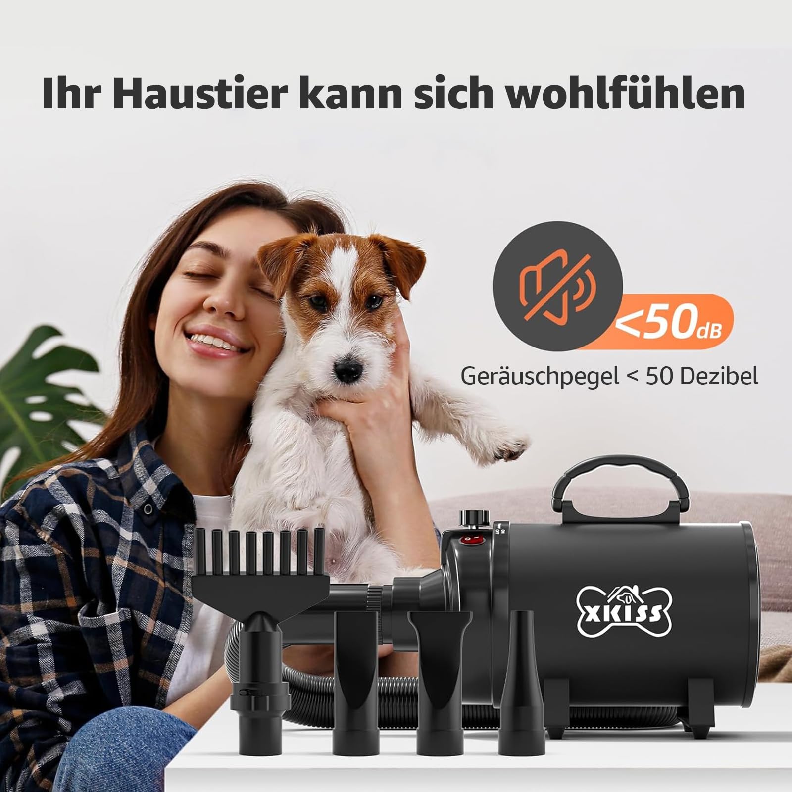 XKISS Soffiatore per Cani 2800W Asciugatore per Cani Continua con velocità e Temperatura Regolabile Asciugacapelli per Animali Domestici，Grooming Cane Animali，con 4 Accessori. (Nero)